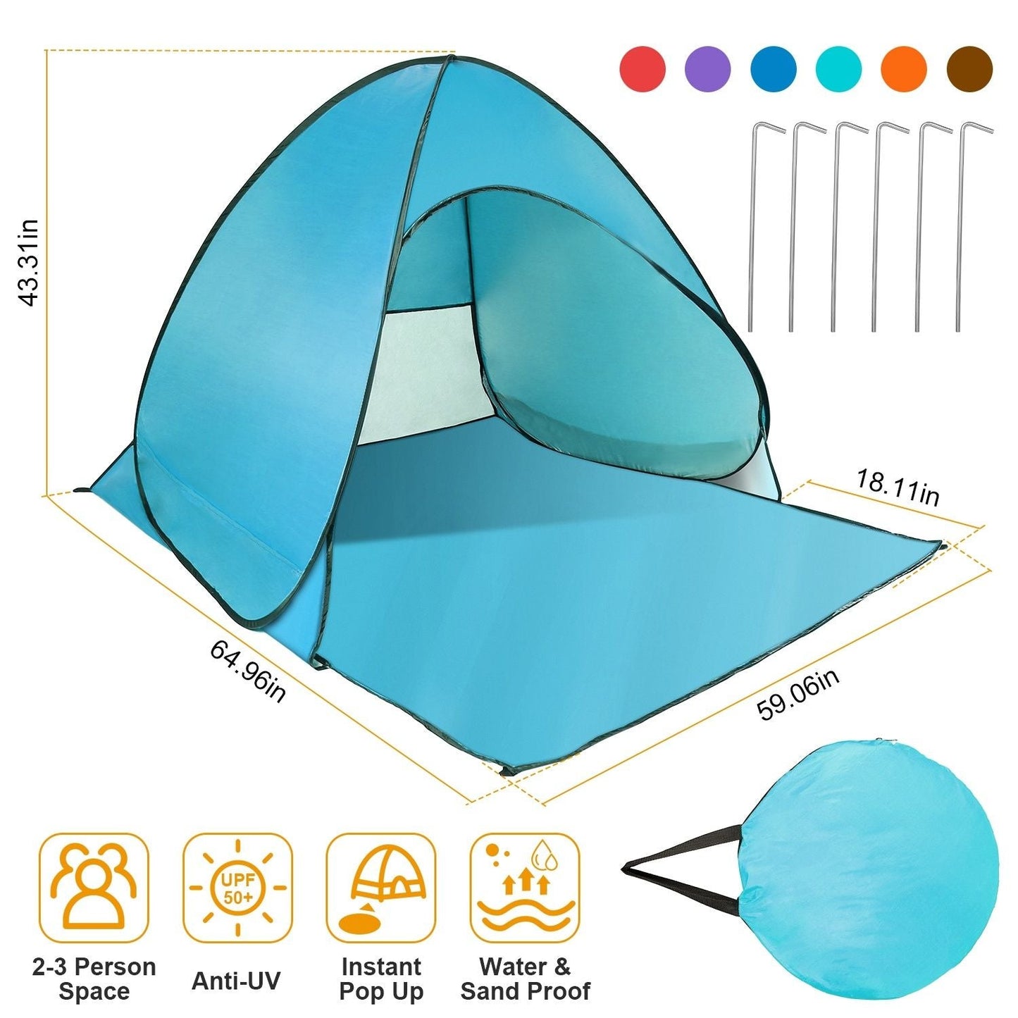 Pop Up Beach Tent Sun Shade Shelter Anti-UV Automatic Waterproof Tent Canopy for 2/3 Man w/ Net Window Storage Bag Doba