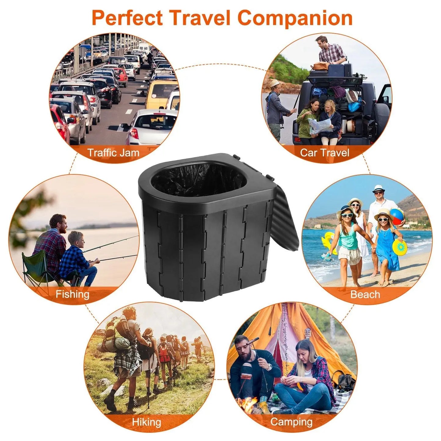 Foldable Emergency Toilet Portable Porta Potty for Car Travel Camping Boating Hiking Cleanable Travel Commode with Lid Carry Bag 1 Roll Garbage Bags Doba