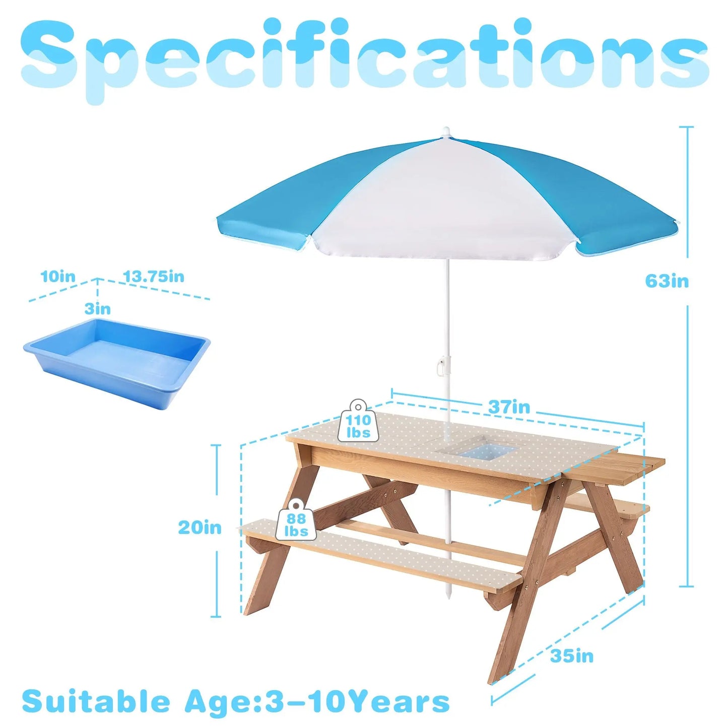 3-in-1 Kids Outdoor Wooden Picnic Table With Umbrella, Convertible Sand & Wate, Gray ASTM & CPSIA CERTIFICATION Doba