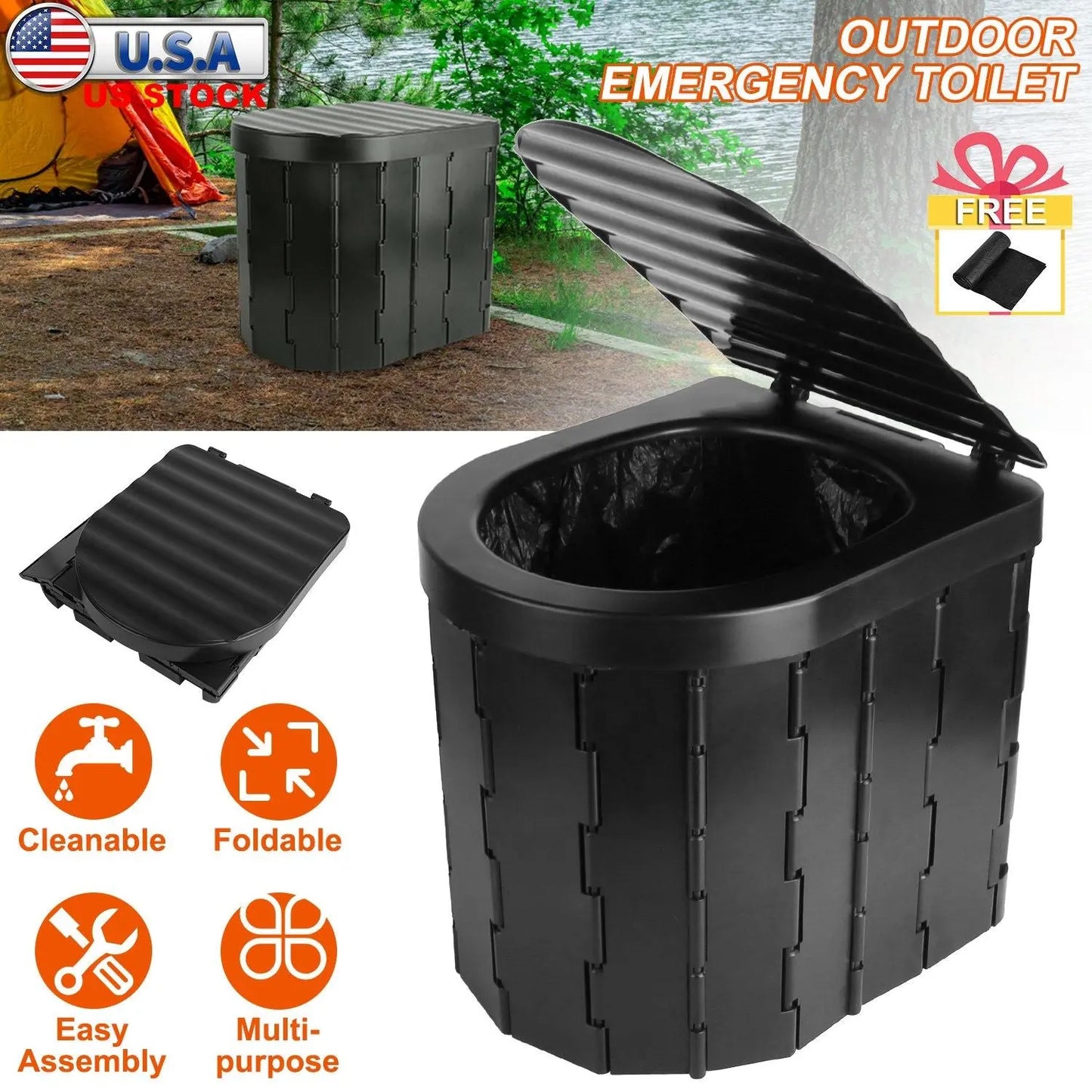 Foldable Emergency Toilet Portable Porta Potty for Car Travel Camping Boating Hiking Cleanable Travel Commode with Lid Carry Bag 1 Roll Garbage Bags Doba