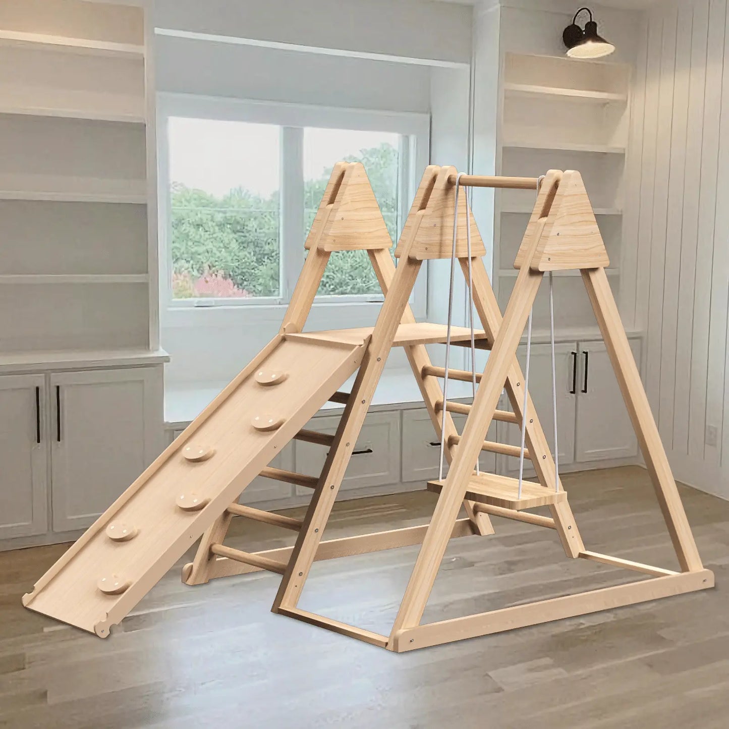 4-in-1 Juniper Indoor Play Gym - Jungle Gym Playset with Baby Swing, Slide, Ladder, and Climbing Wall - Foldable Wooden Playset - Indoor Jungle Gym for Kids Doba