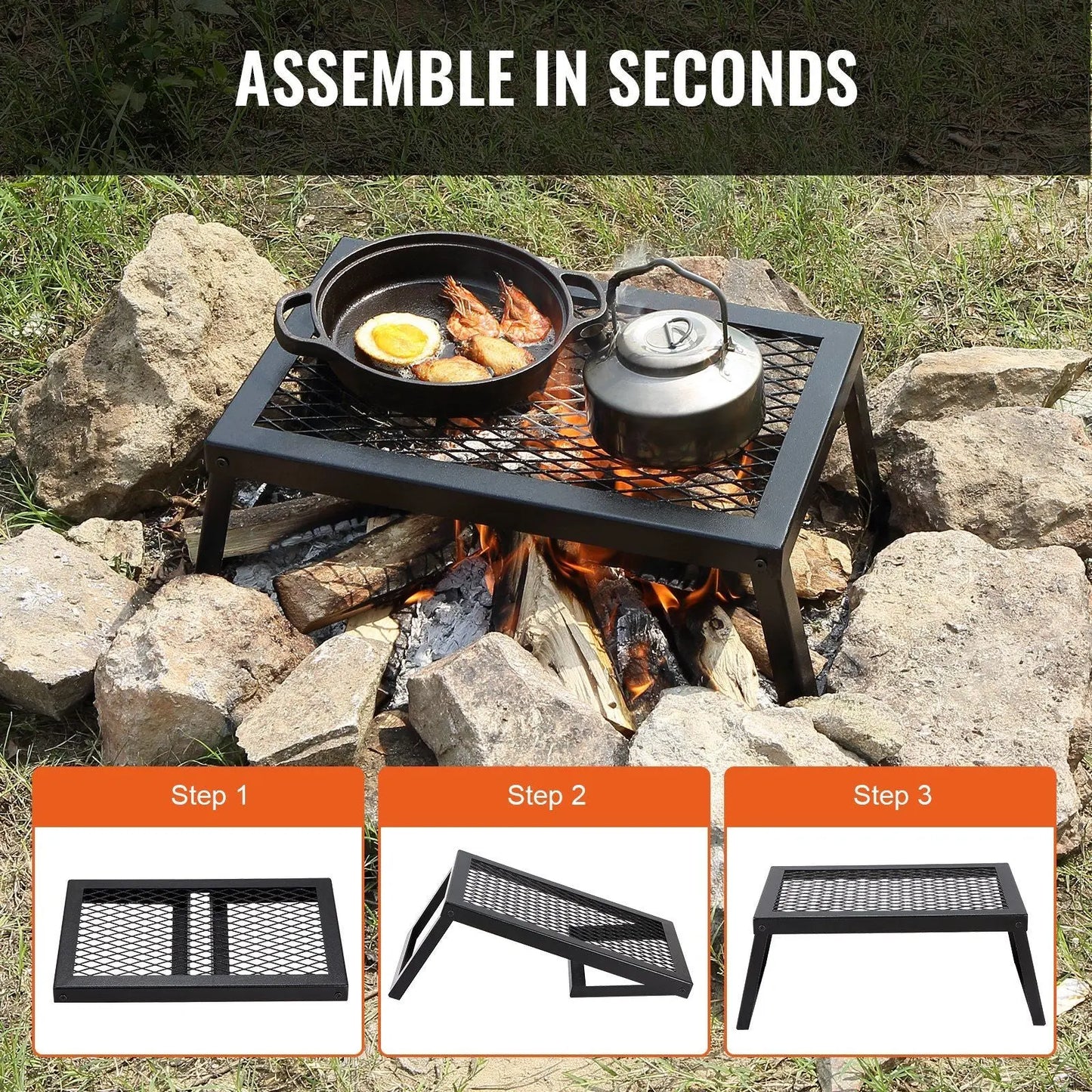 VEVOR Folding Campfire Grill, Heavy Duty Steel Mesh Grate, 18" Portable Camping Grates Over Fire Pit, Camp Fire Cooking Equipment with Legs Carrying Bag, Grilling Rack for Outdoor Open Flame Cooking Doba