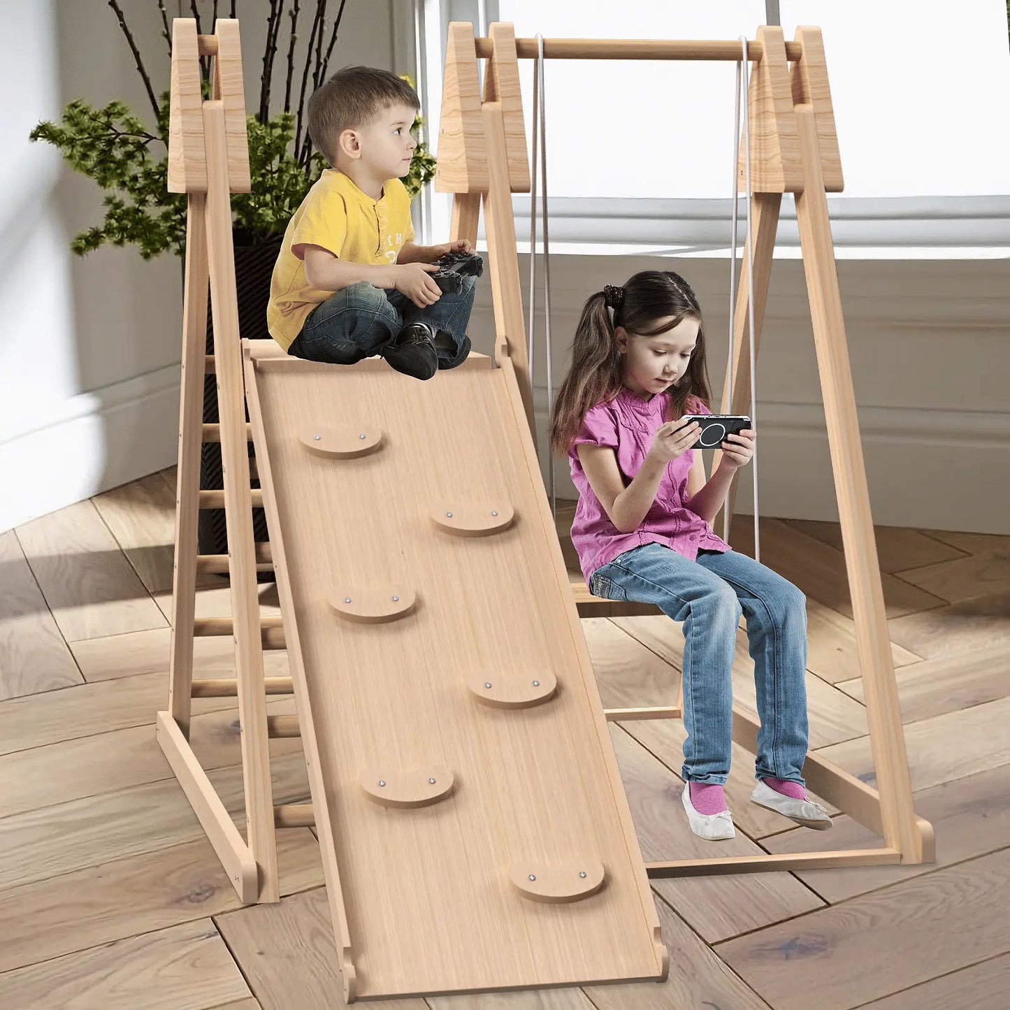 4-in-1 Juniper Indoor Play Gym - Jungle Gym Playset with Baby Swing, Slide, Ladder, and Climbing Wall - Foldable Wooden Playset - Indoor Jungle Gym for Kids Doba