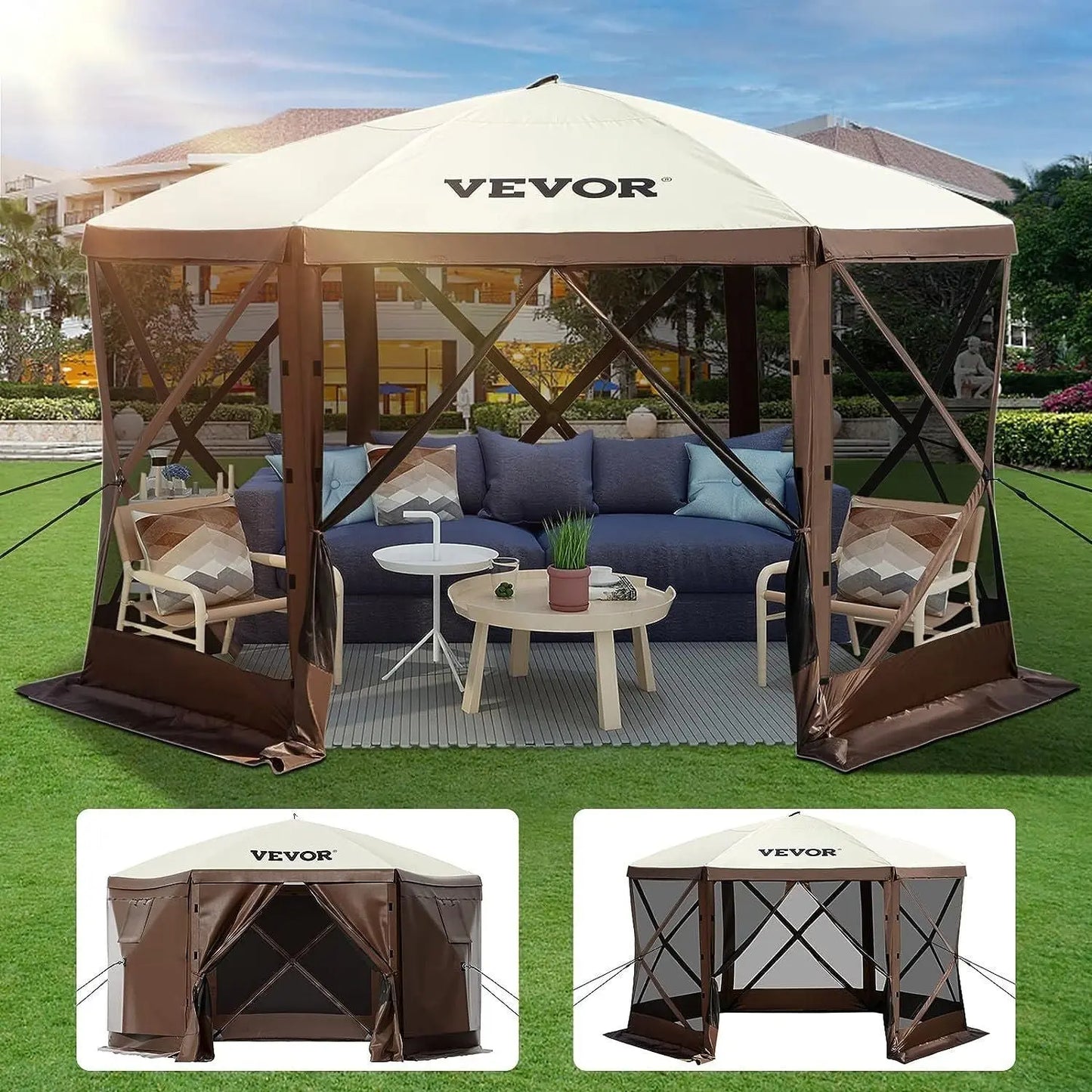 VEVOR Camping Gazebo Tent, 10'x10', 6 Sided Pop-up Canopy Screen Tent for 8 Person Camping, Waterproof Screen Shelter w/Portable Storage Bag, Ground Stakes, Mesh Windows, Brown & Beige Doba