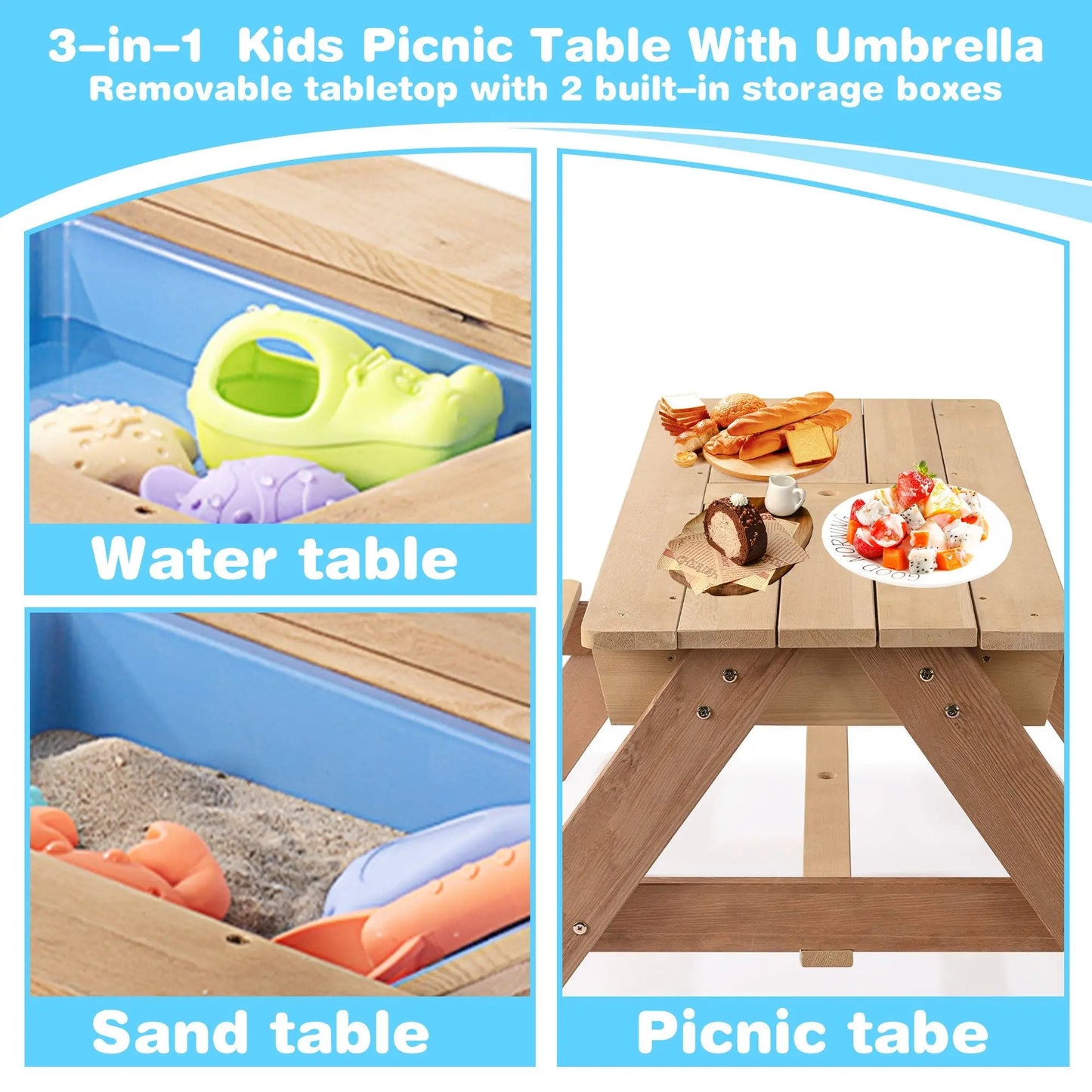 3-in-1 Kids Outdoor Wooden Picnic Table With Umbrella, Convertible Sand & Wate, Gray ASTM & CPSIA CERTIFICATION Doba
