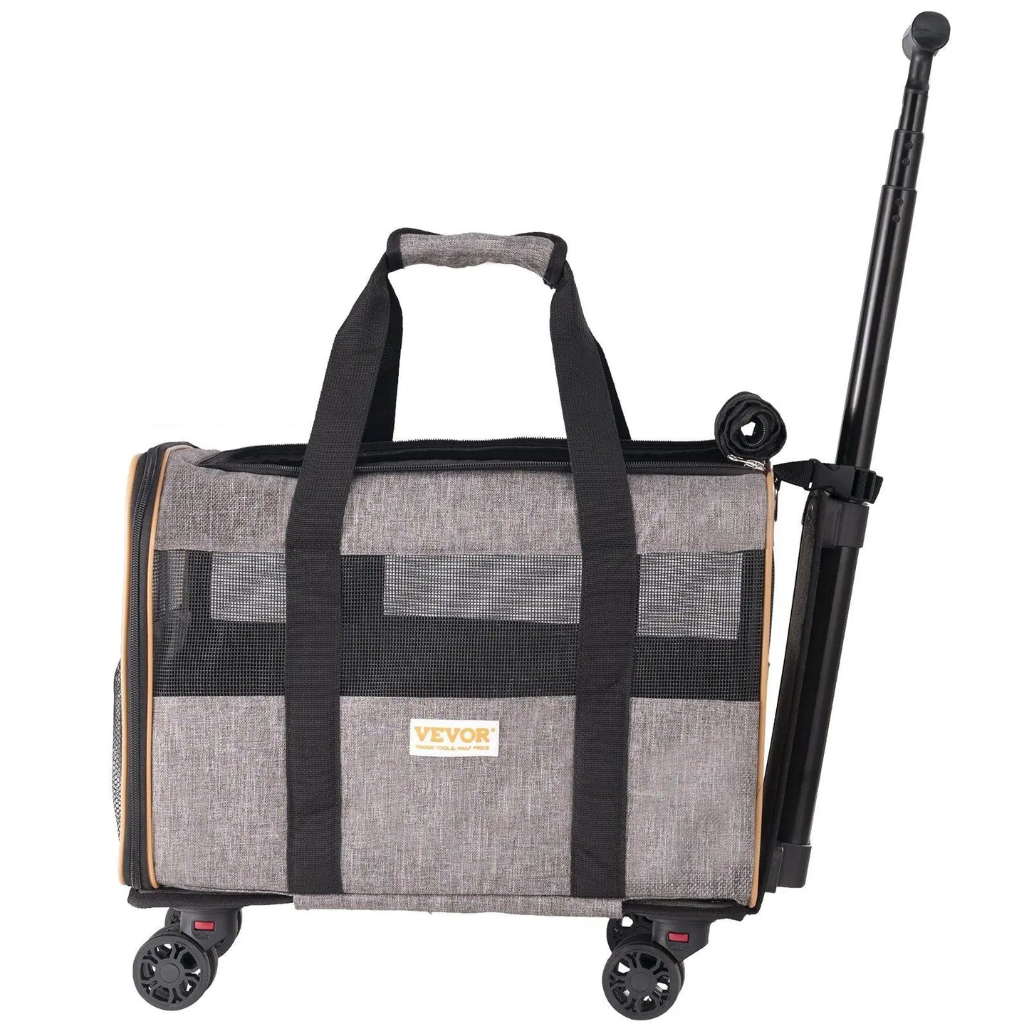 VEVOR Cat Carrier with Wheels, Airline Approved Rolling Pet Carrier with Telescopic Handle and Shoulder Strap, Dog Carrier with Wheels for Pets under 22 lbs, with 1 Folding Bowl, Grey Doba