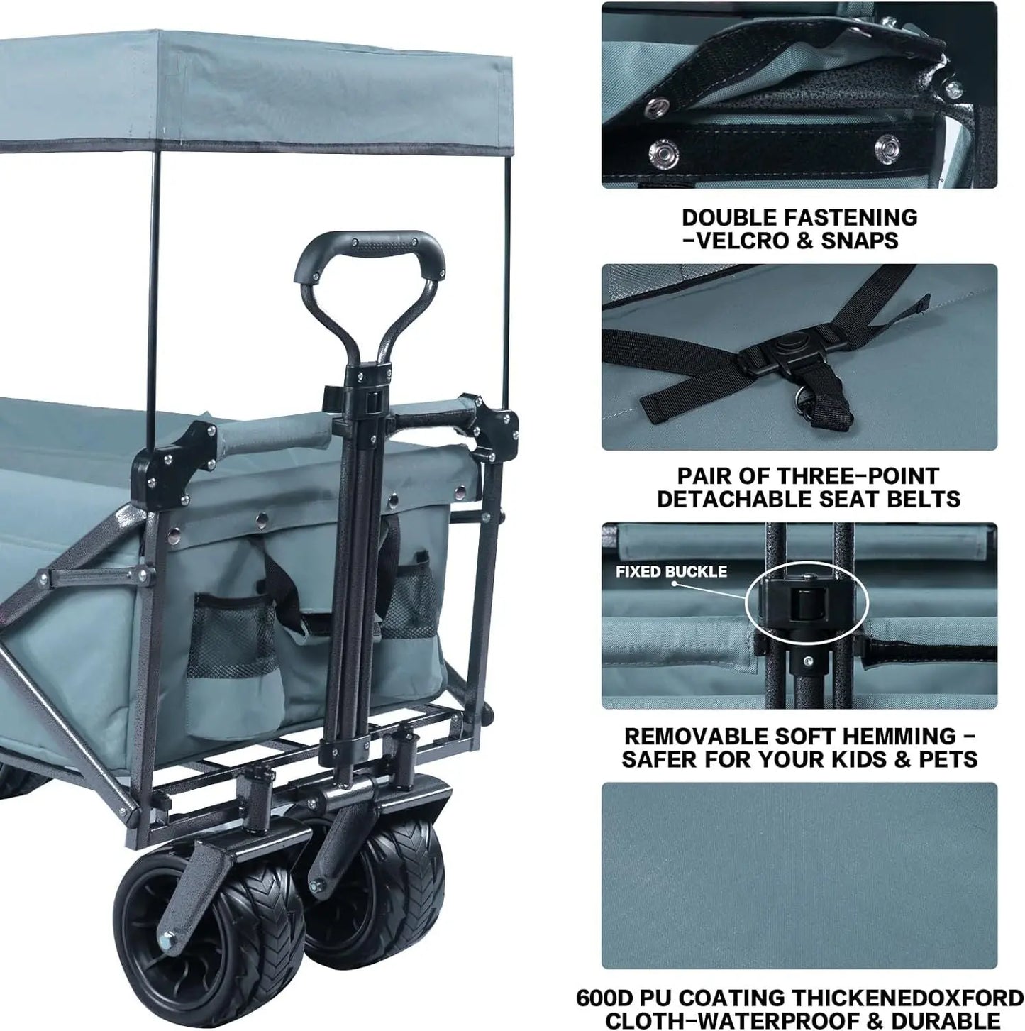 Collapsible Wagon 140L Wagons Carts Foldable with Removable Canopy, Folding Wagon Cart with Wheels for All-Terrain with Brake, Foldable Wagon with Cooler Bag, for Camping Beach Shopping Doba