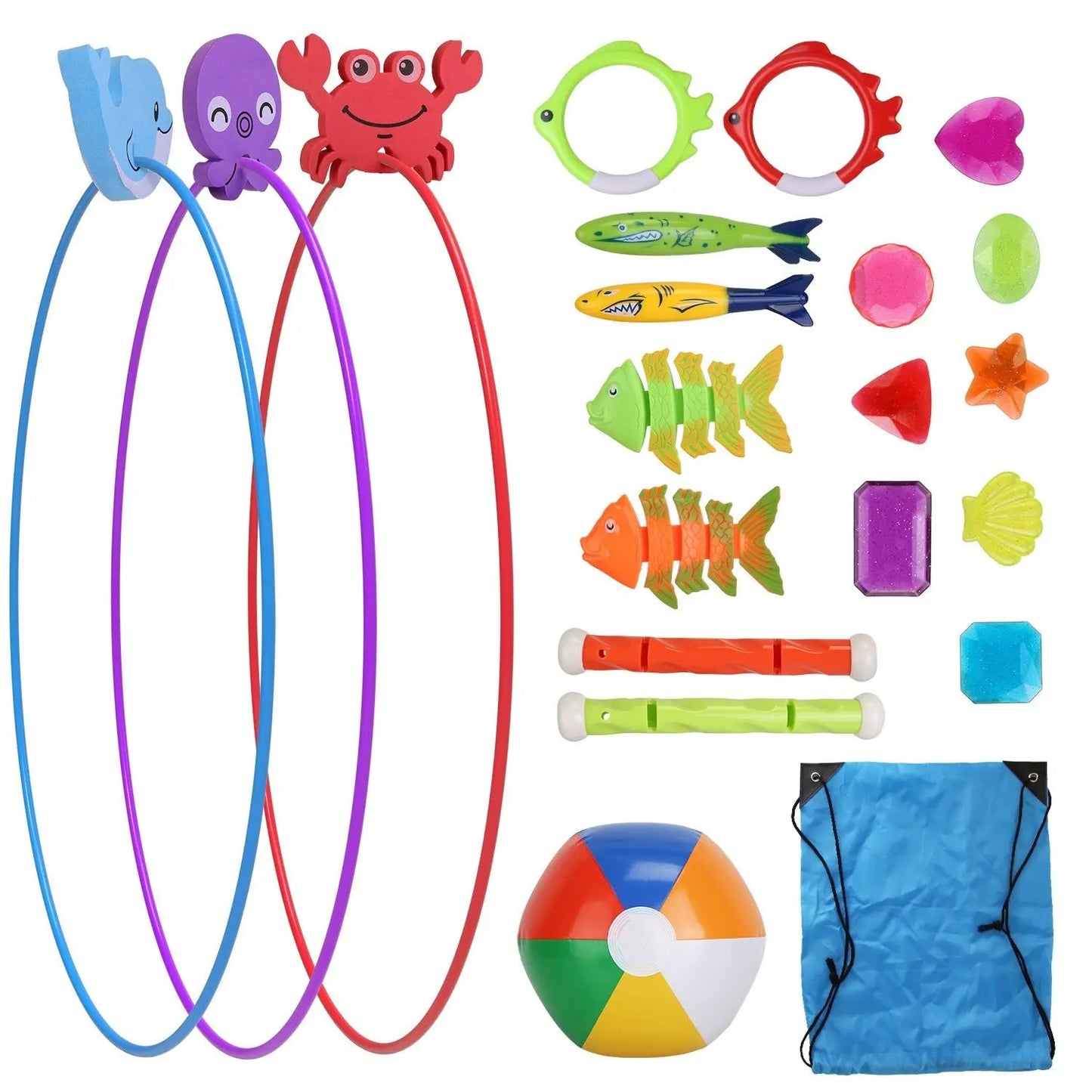 24Pcs Diving Toys Swimming Pool Toys Swim Toys for Kids Aged 3+ Years Old Swim Thru Rings Torpedoes Gems Volleyball Storage Bag Doba