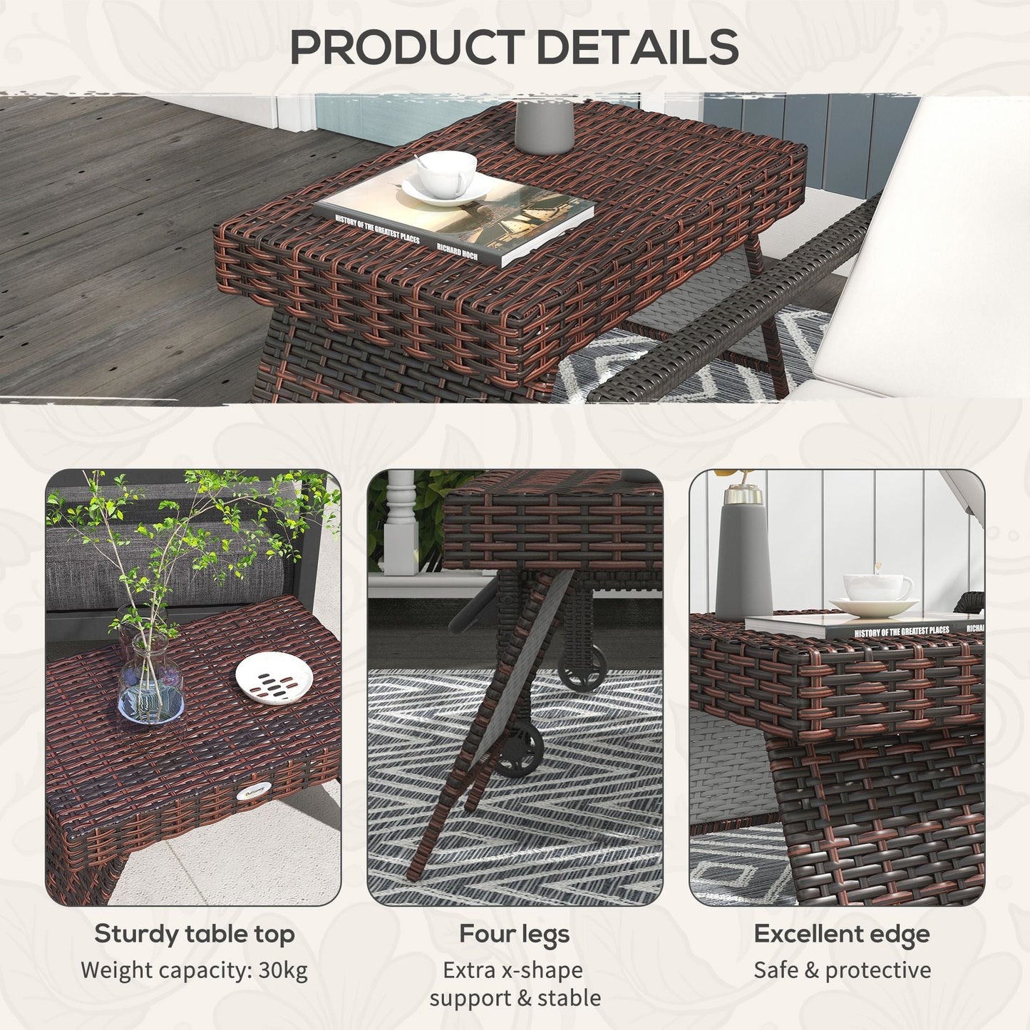 Outsunny Folding Rattan Side Table, Outdoor End Table, Hand Woven PE Rattan Coffee Table for Balcony, Backyard, Garden, Lawn, Courtyard, Brown Doba