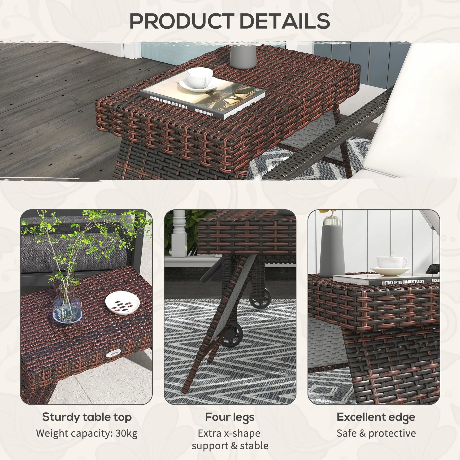 Outsunny Folding Rattan Side Table, Outdoor End Table, Hand Woven PE Rattan Coffee Table for Balcony, Backyard, Garden, Lawn, Courtyard, Brown Doba