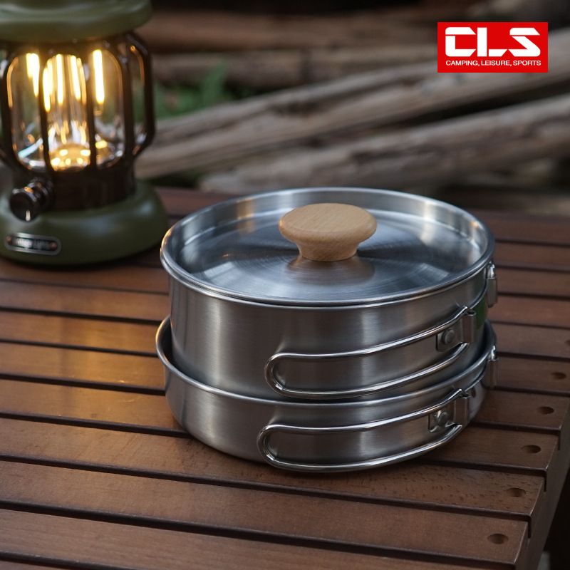 Outdoor hiking 304 stainless steel pot folding handle camping portable frying pan soup pot home picnic cookware set Doba