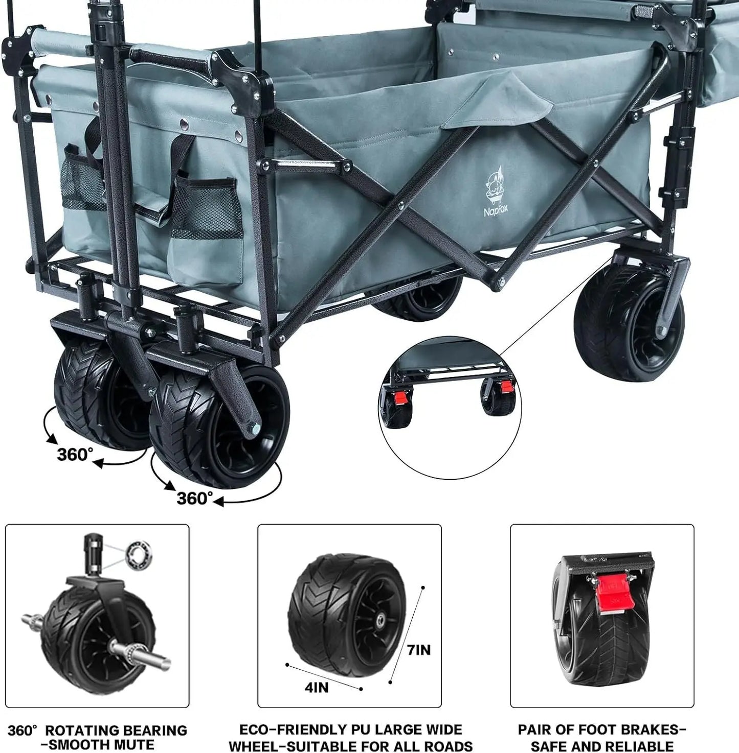 Collapsible Wagon 140L Wagons Carts Foldable with Removable Canopy, Folding Wagon Cart with Wheels for All-Terrain with Brake, Foldable Wagon with Cooler Bag, for Camping Beach Shopping Doba