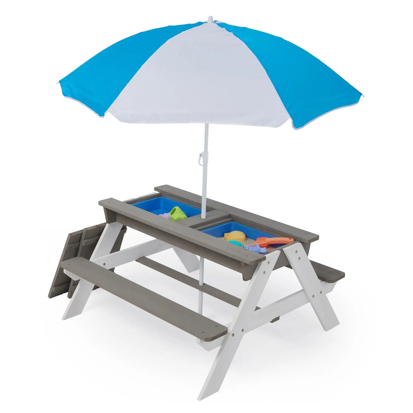3-in-1 Kids Outdoor Wooden Picnic Table With Umbrella, Convertible Sand & Wate, Gray ASTM & CPSIA CERTIFICATION Doba