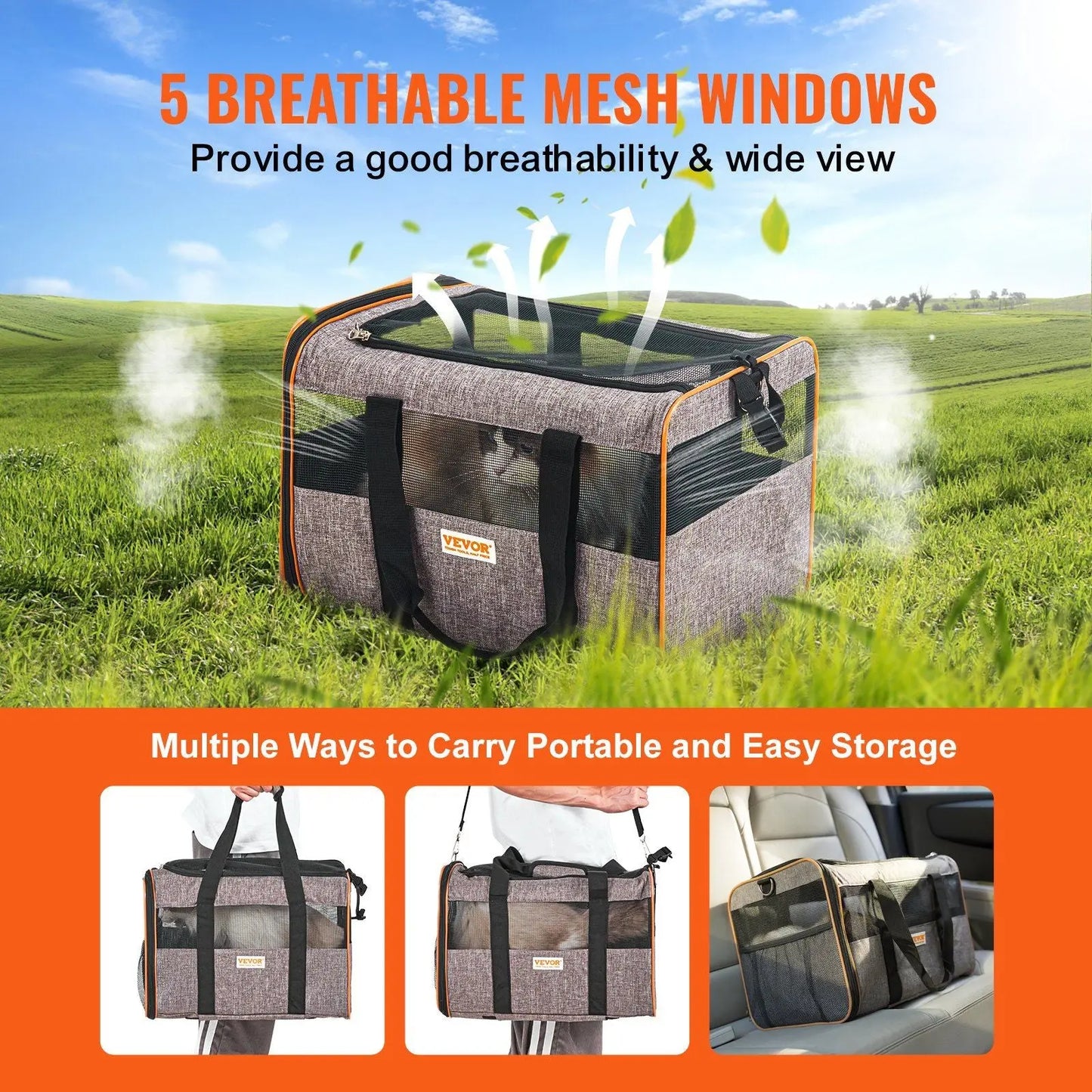 VEVOR Cat Carrier with Wheels, Airline Approved Rolling Pet Carrier with Telescopic Handle and Shoulder Strap, Dog Carrier with Wheels for Pets under 22 lbs, with 1 Folding Bowl, Grey Doba