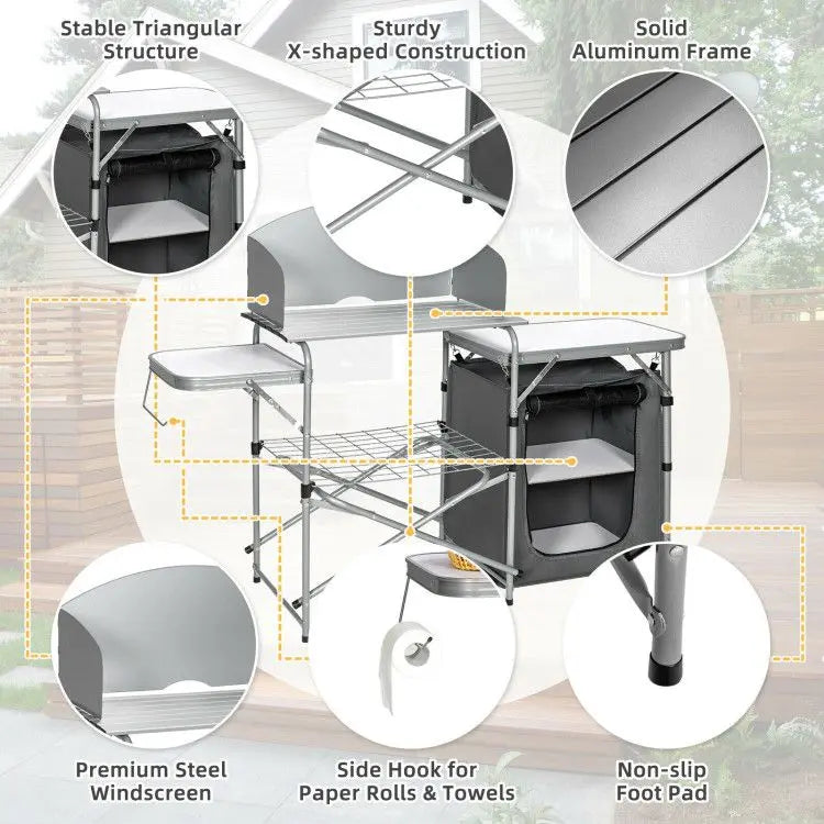 Foldable Outdoor BBQ Portable Grilling Table with Windscreen Bag Doba