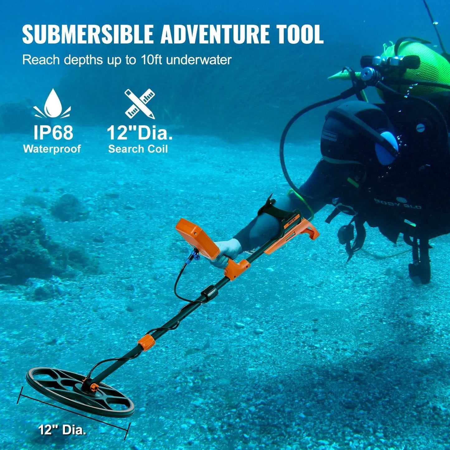 VEVOR Waterproof Metal Detector, 12" Coil, Professional Rechargeable Gold Detector, 39-50 in Adjustable with LCD 7 Modes Advanced DSP Chip Bluetooth Headset, IP68 for Detecting Gold Treasure Hunting Doba