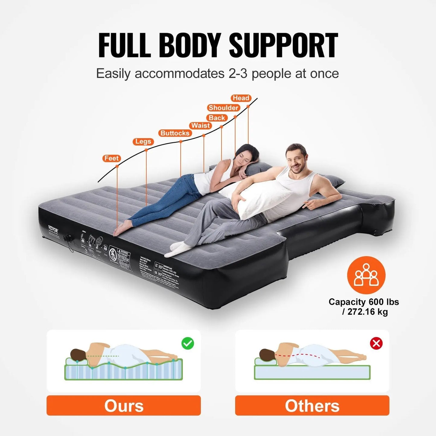 VEVOR Truck Bed Air Mattress, for 5.5-5.8 ft Full Size Short Truck Beds, Inflatable Air Mattress Camping Bed with 12V Air Pump 2 Pillows, Carry Bag, for Silverado, RAM, F Series, Sierra, Titan, Tundra Doba