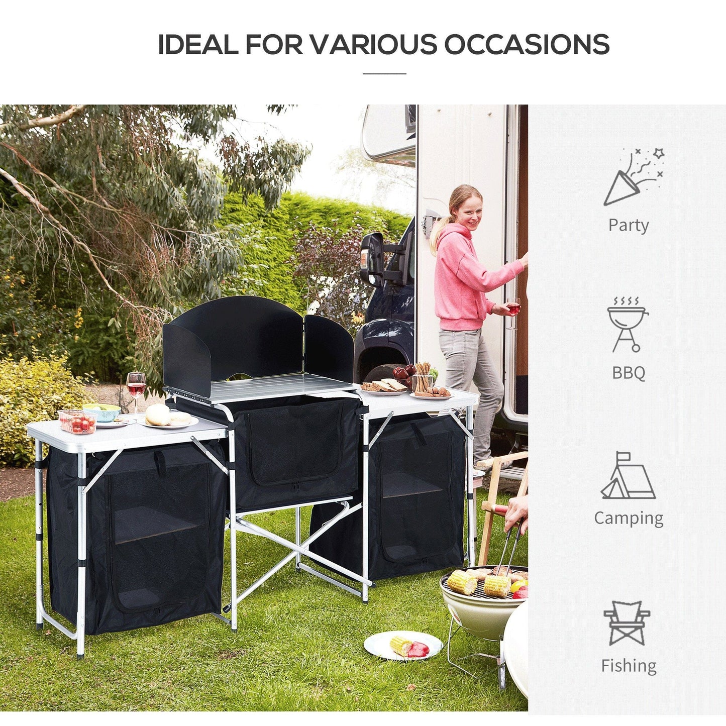 Outsunny Aluminum Portable Camping Kitchen Fold-Up Cooking Table With Windscreen and 3 Enclosed Cupboards for BBQ, Party, Picnics, Backyards Doba