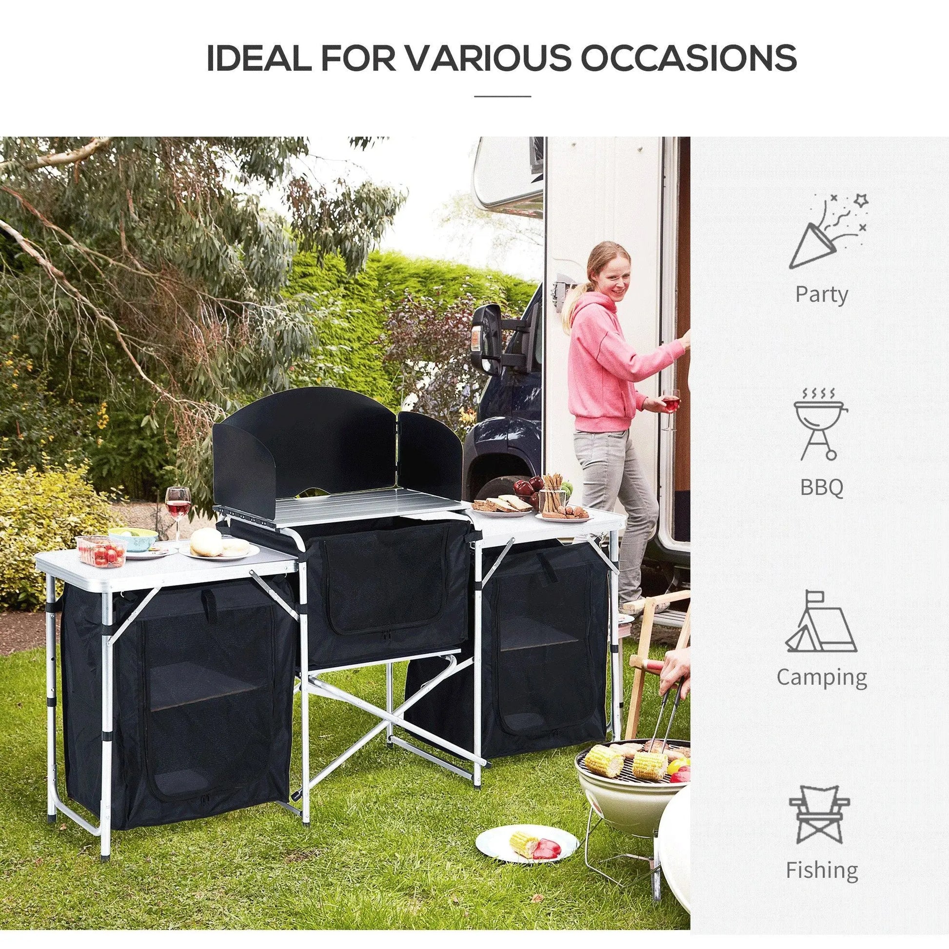 Outsunny Aluminum Portable Camping Kitchen Fold-Up Cooking Table With Windscreen and 3 Enclosed Cupboards for BBQ, Party, Picnics, Backyards Doba
