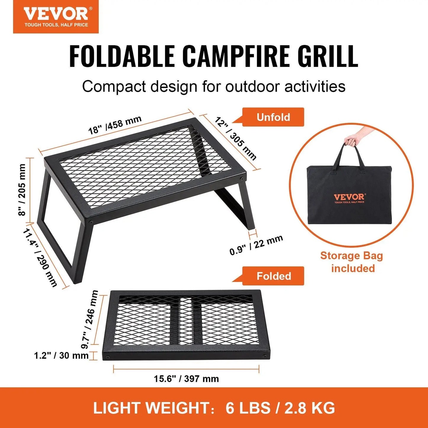 VEVOR Folding Campfire Grill, Heavy Duty Steel Mesh Grate, 18" Portable Camping Grates Over Fire Pit, Camp Fire Cooking Equipment with Legs Carrying Bag, Grilling Rack for Outdoor Open Flame Cooking Doba