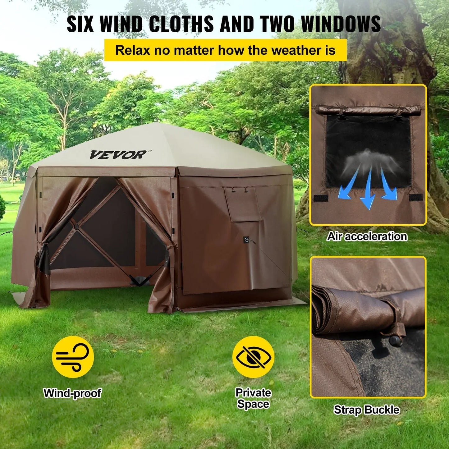 VEVOR Camping Gazebo Tent, 10'x10', 6 Sided Pop-up Canopy Screen Tent for 8 Person Camping, Waterproof Screen Shelter w/Portable Storage Bag, Ground Stakes, Mesh Windows, Brown & Beige Doba