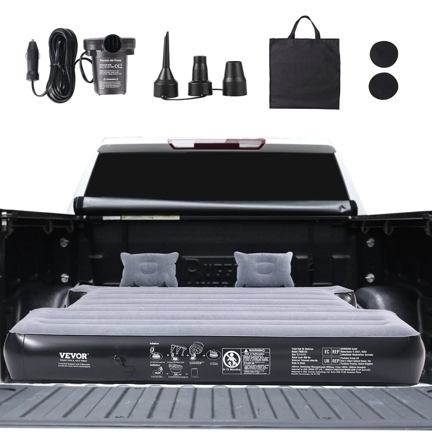 VEVOR Truck Bed Air Mattress, for 5.5-5.8 ft Full Size Short Truck Beds, Inflatable Air Mattress Camping Bed with 12V Air Pump 2 Pillows, Carry Bag, for Silverado, RAM, F Series, Sierra, Titan, Tundra Doba