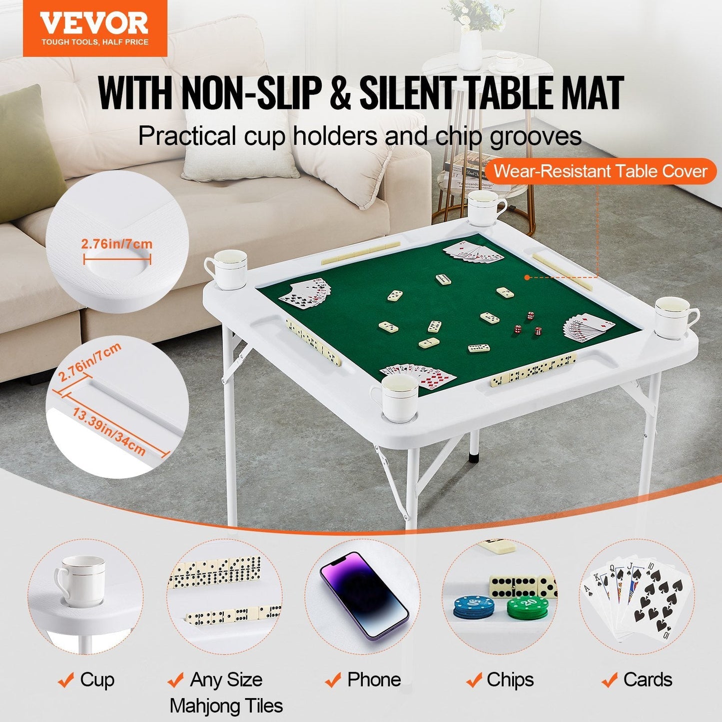 VEVOR Mahjong Table 4 Player Folding Card Table & Table Mat Cup Holder Chip Tray Doba
