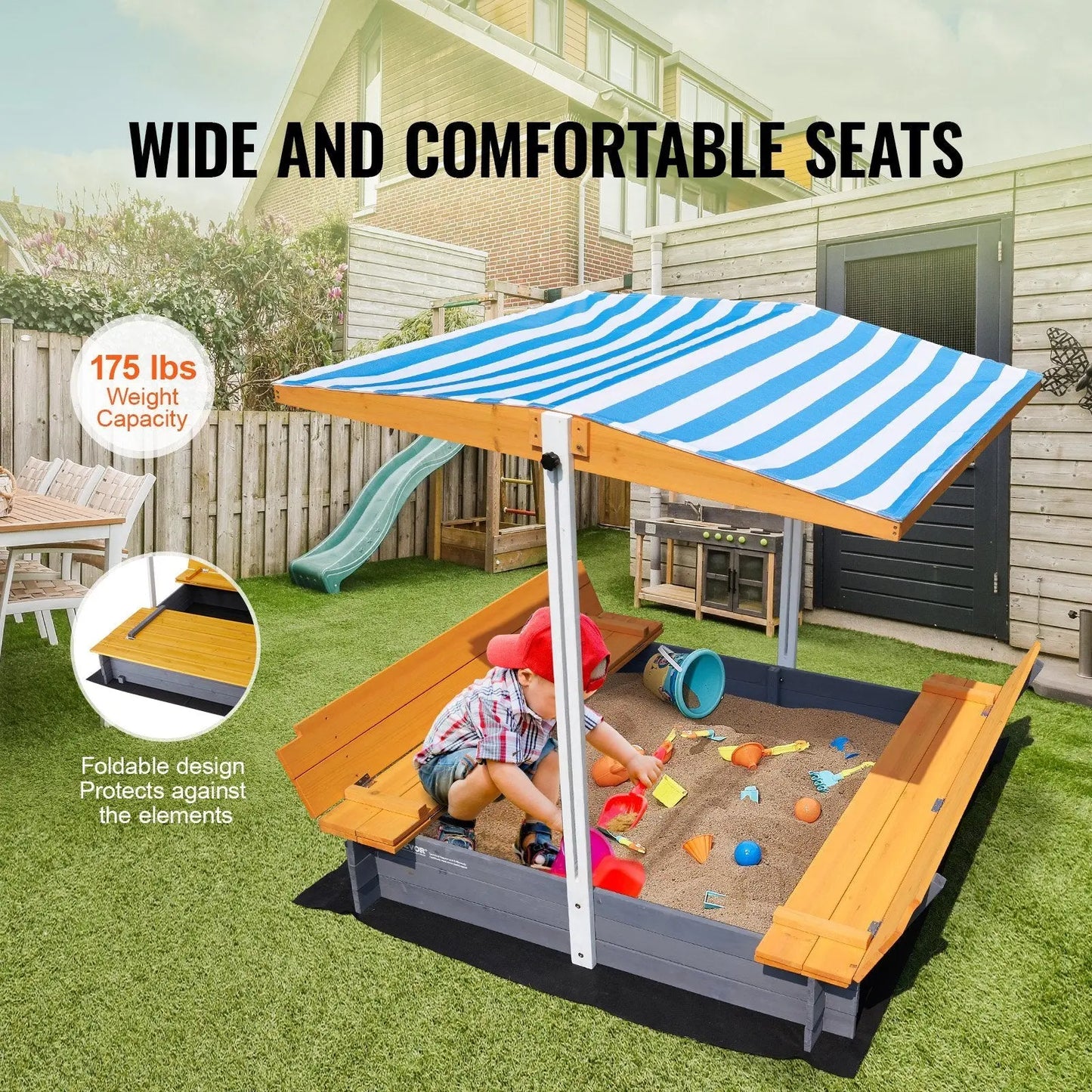 VEVOR Wooden Sandbox with Canopy, 57.3 x 47.2 x 47.2 in Sand Box, Sand Pit with Foldable Bench Seats and Bottom Liner, Natural Wood Kids Sandbox for Outdoor Backyard, Beach, Park, Gift for Ages 3-12 Doba
