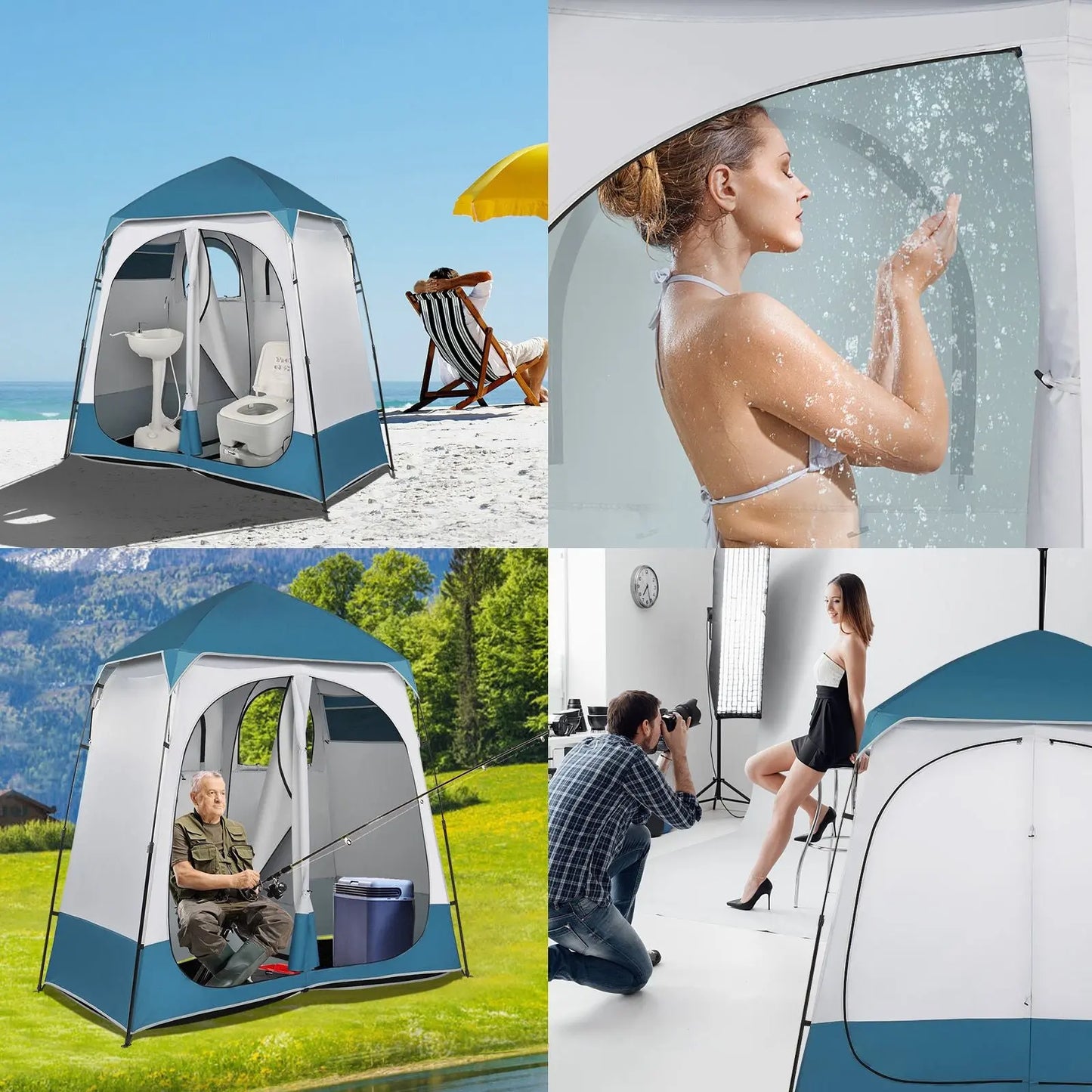90x90x48" Portable Outdoor Pop UP Camping Shower Tent Enclosure, Shower Shelter, Changing Room, Dressing Tent, 2 Rooms, Instant Tent Blue/White RT Doba