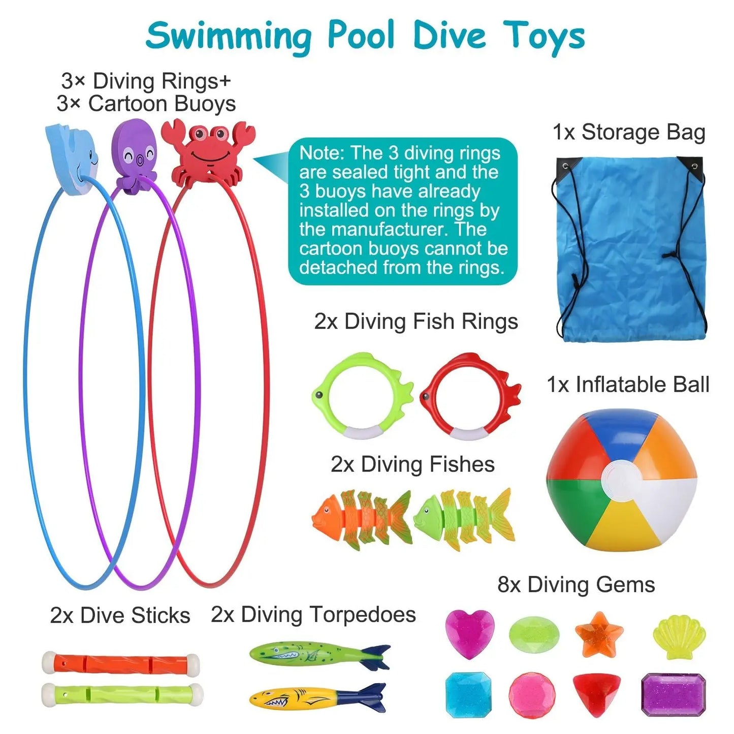 24Pcs Diving Toys Swimming Pool Toys Swim Toys for Kids Aged 3+ Years Old Swim Thru Rings Torpedoes Gems Volleyball Storage Bag Doba