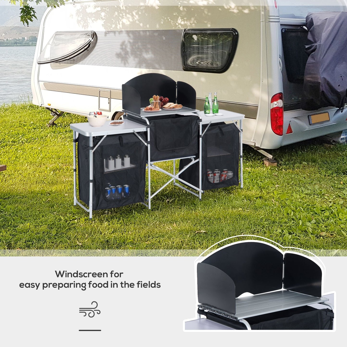 Outsunny Aluminum Portable Camping Kitchen Fold-Up Cooking Table With Windscreen and 3 Enclosed Cupboards for BBQ, Party, Picnics, Backyards Doba
