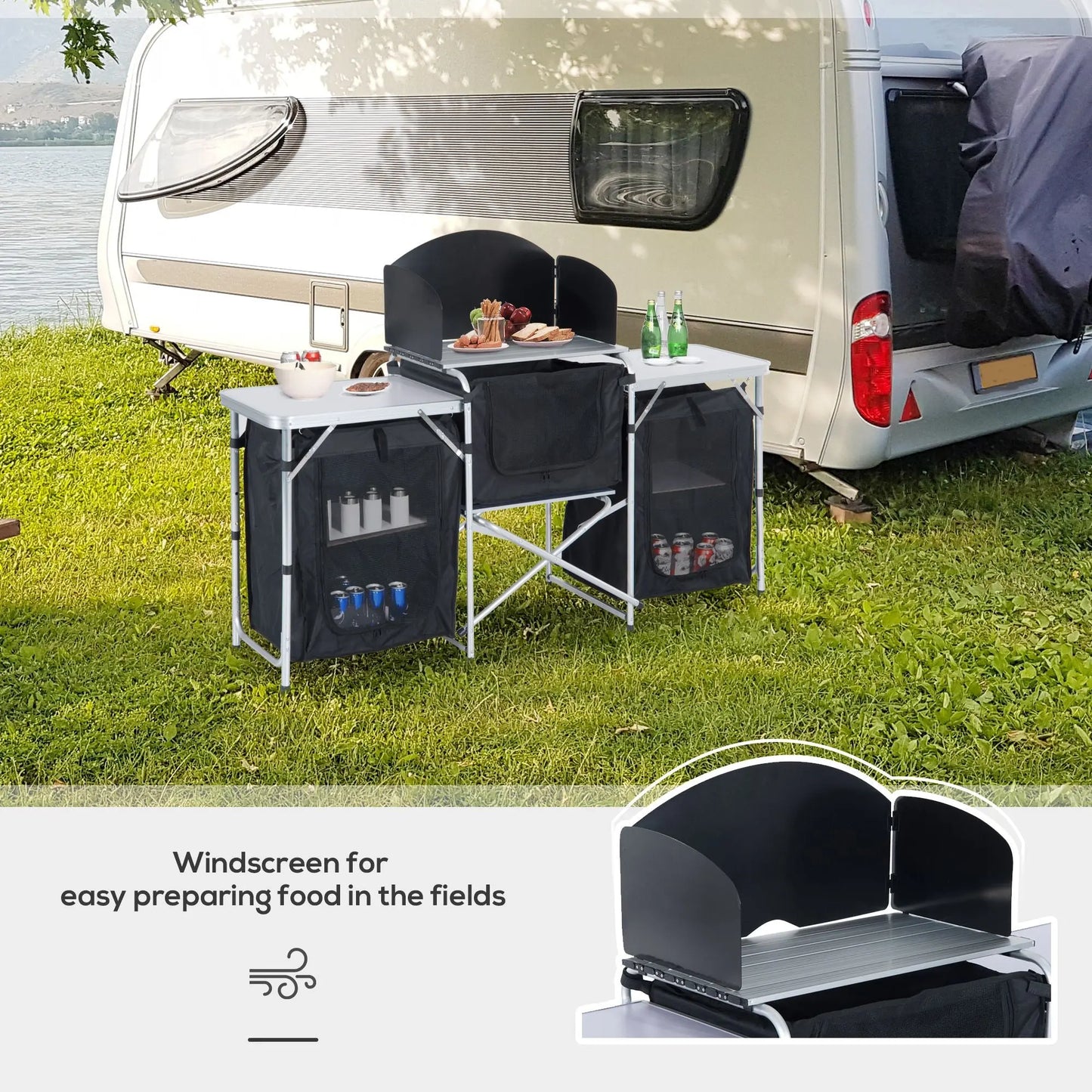 Outsunny Aluminum Portable Camping Kitchen Fold-Up Cooking Table With Windscreen and 3 Enclosed Cupboards for BBQ, Party, Picnics, Backyards Doba