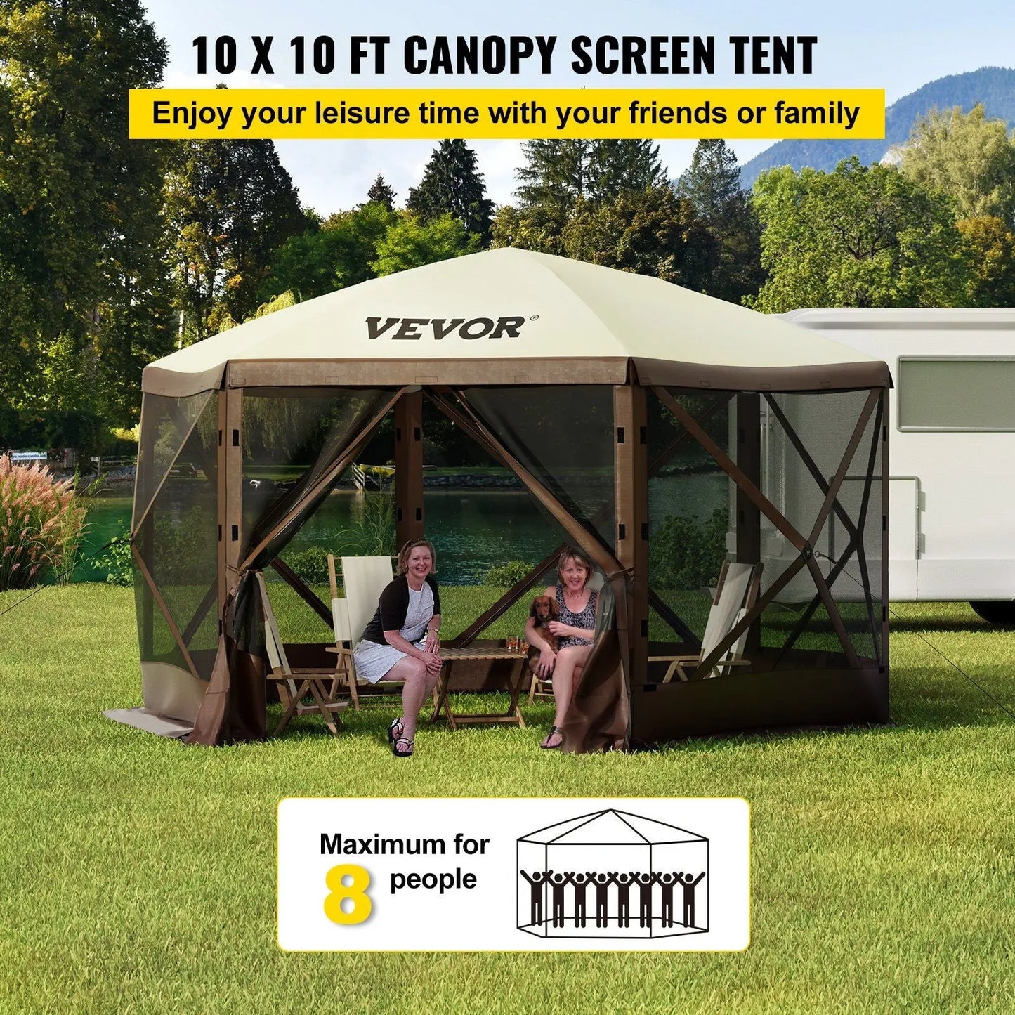 VEVOR Camping Gazebo Tent, 10'x10', 6 Sided Pop-up Canopy Screen Tent for 8 Person Camping, Waterproof Screen Shelter w/Portable Storage Bag, Ground Stakes, Mesh Windows, Brown & Beige Doba