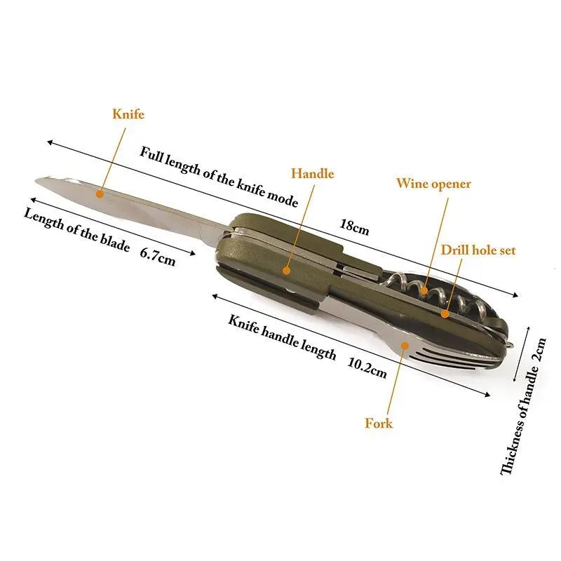 7 In 1 Multifunctional Outdoor Tableware Stainless Steel Foldable Fork Spoon Knife Picnic Camping Hiking Travelling Dinnerware Doba