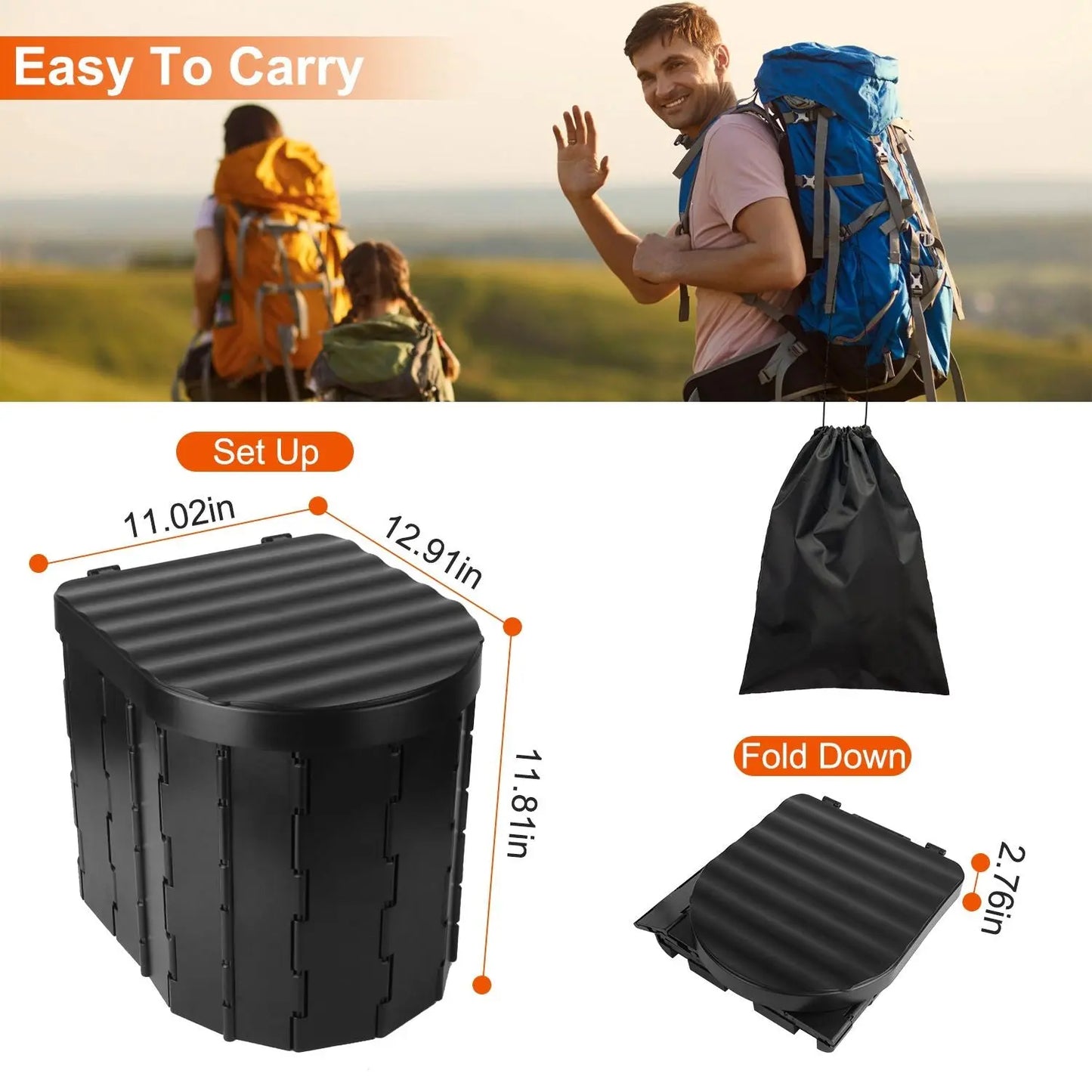 Foldable Emergency Toilet Portable Porta Potty for Car Travel Camping Boating Hiking Cleanable Travel Commode with Lid Carry Bag 1 Roll Garbage Bags Doba
