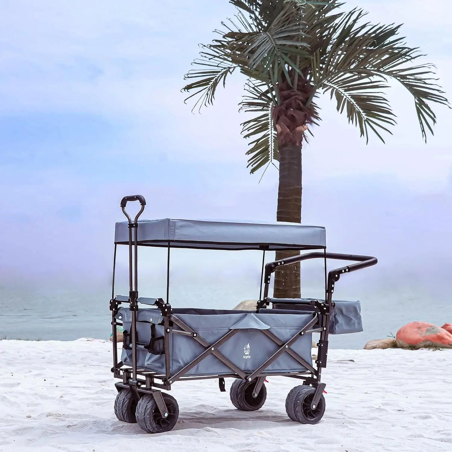 Collapsible Wagon 140L Wagons Carts Foldable with Removable Canopy, Folding Wagon Cart with Wheels for All-Terrain with Brake, Foldable Wagon with Cooler Bag, for Camping Beach Shopping Doba