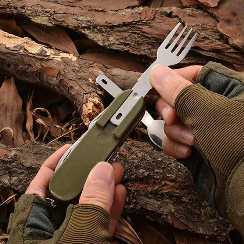 7 In 1 Multifunctional Outdoor Tableware Stainless Steel Foldable Fork Spoon Knife Picnic Camping Hiking Travelling Dinnerware Doba