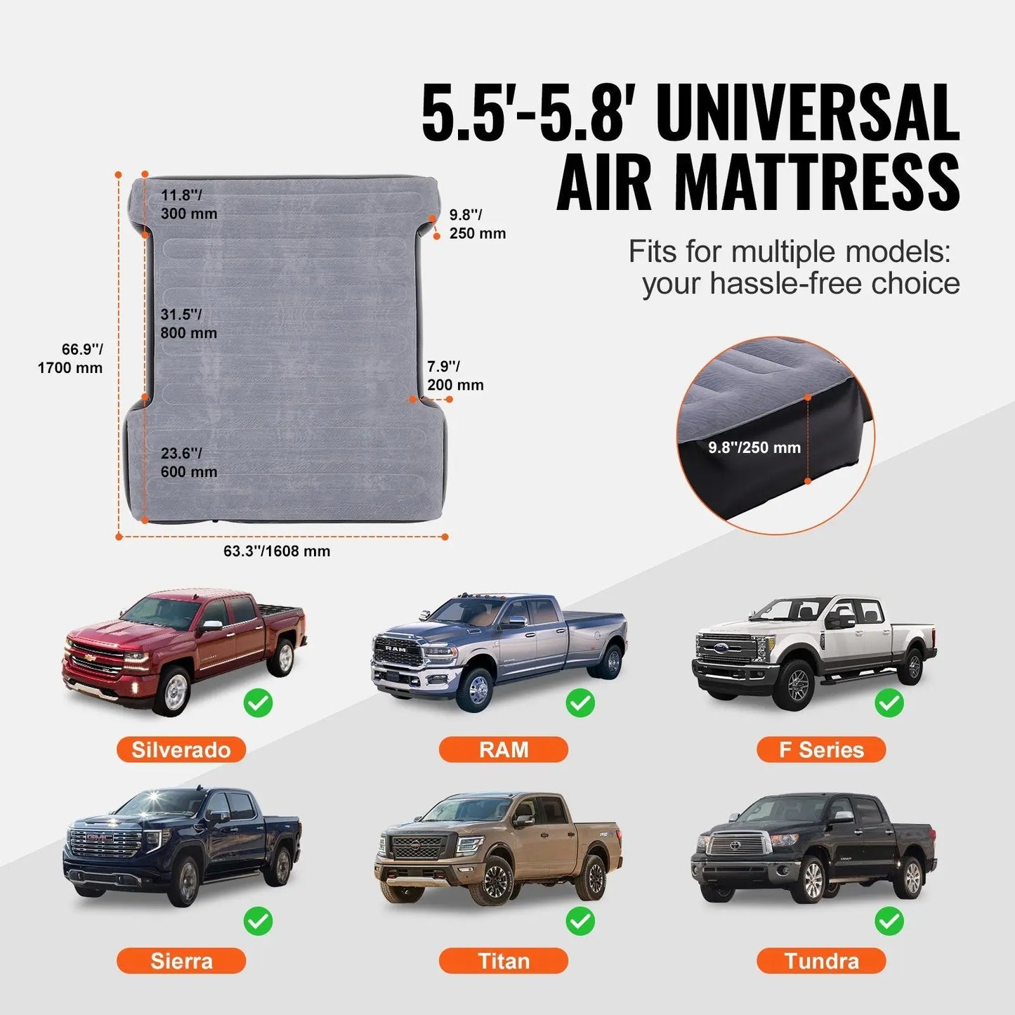 VEVOR Truck Bed Air Mattress, for 5.5-5.8 ft Full Size Short Truck Beds, Inflatable Air Mattress Camping Bed with 12V Air Pump 2 Pillows, Carry Bag, for Silverado, RAM, F Series, Sierra, Titan, Tundra Doba