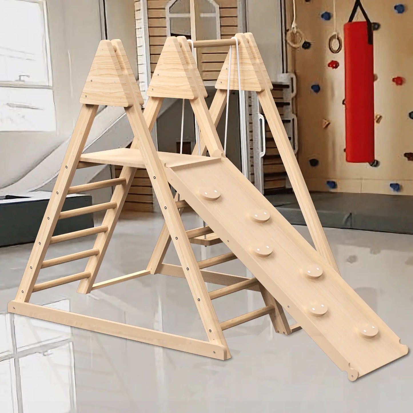 4-in-1 Juniper Indoor Play Gym - Jungle Gym Playset with Baby Swing, Slide, Ladder, and Climbing Wall - Foldable Wooden Playset - Indoor Jungle Gym for Kids Doba