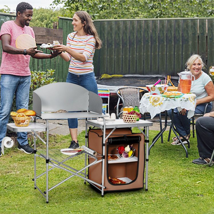 Foldable Outdoor BBQ Portable Grilling Table with Windscreen Bag Doba