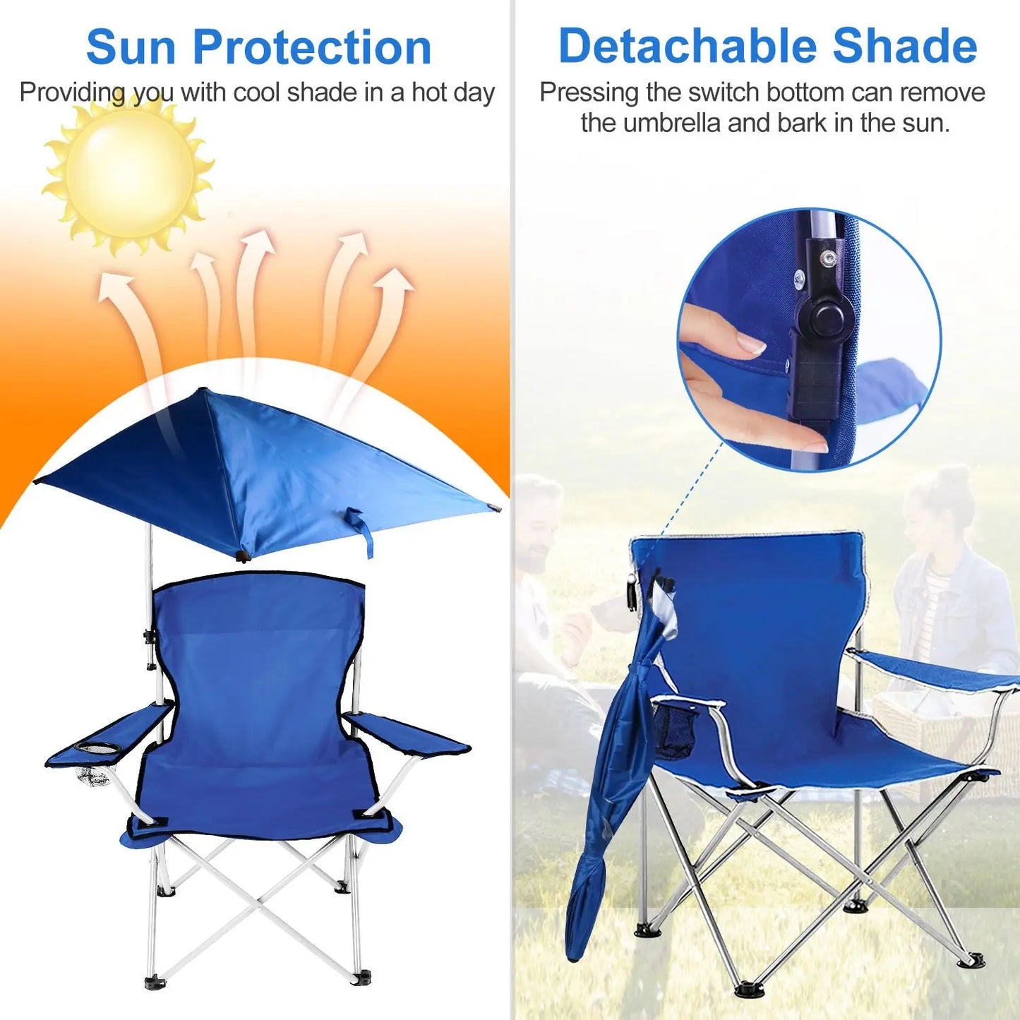 Foldable Beach Chair with Detachable Umbrella Armrest Adjustable Canopy Stool with Cup Holder Carry Bag for Camping Poolside Travel Picnic Lawn Chair Doba