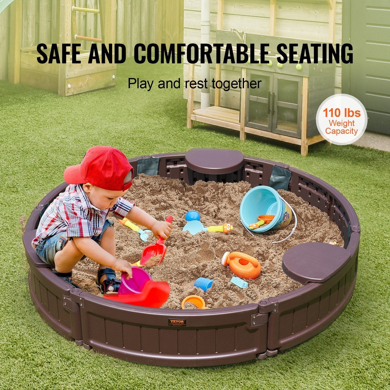 VEVOR Sandbox with Cover, 47.2 x 9.1 in Round Sand Box, HDPE Sand Pit with 3 Corner Seating and Bottom Liner, Kids Sandbox for Outdoor Backyard, Beach, Park, Gift for Boys Girls Ages 3-12, Brown Doba