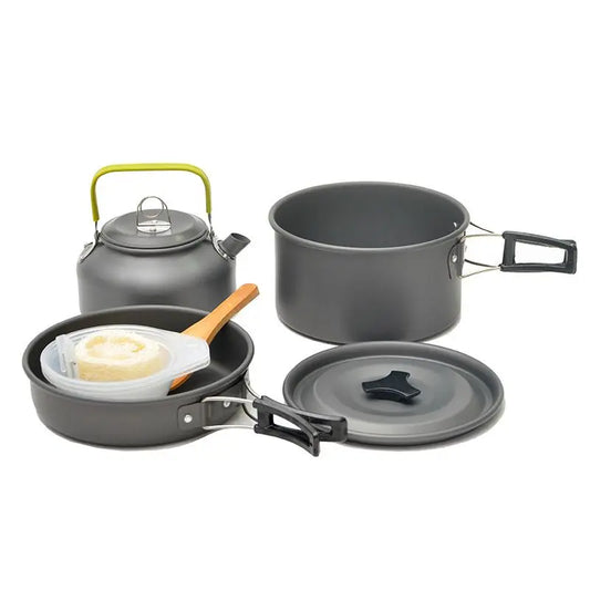 Outdoor portable 2-3 person camping stove cover pot picnic cooker non stick pot teapot combination set including tableware Doba