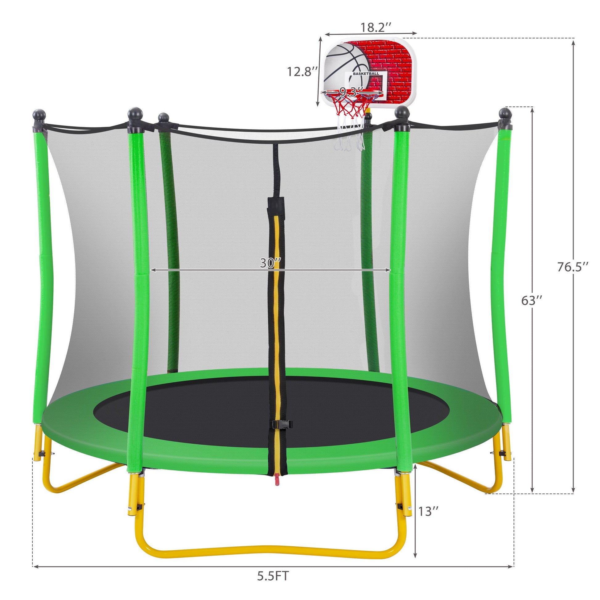 5.5FT Trampoline for Kids - 65" Outdoor & Indoor Mini Toddler Trampoline with Enclosure, Basketball Hoop and Ball Included Doba