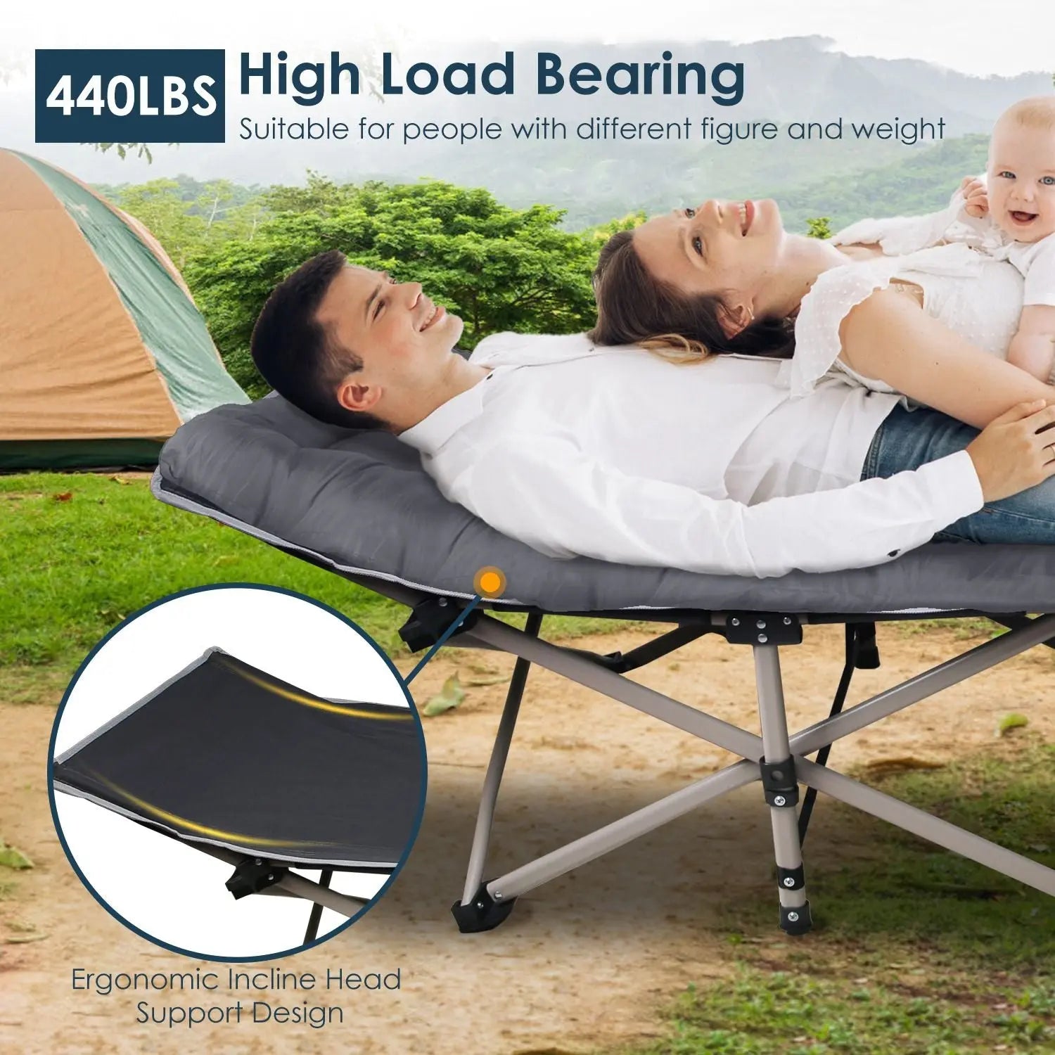 Folding Camping Cot Portable Sleeping Camping Bed Collapsible Travel Camp Cots Guest Bed Cot with 2-Sided Soft Pad 440LBS Max Load Doba