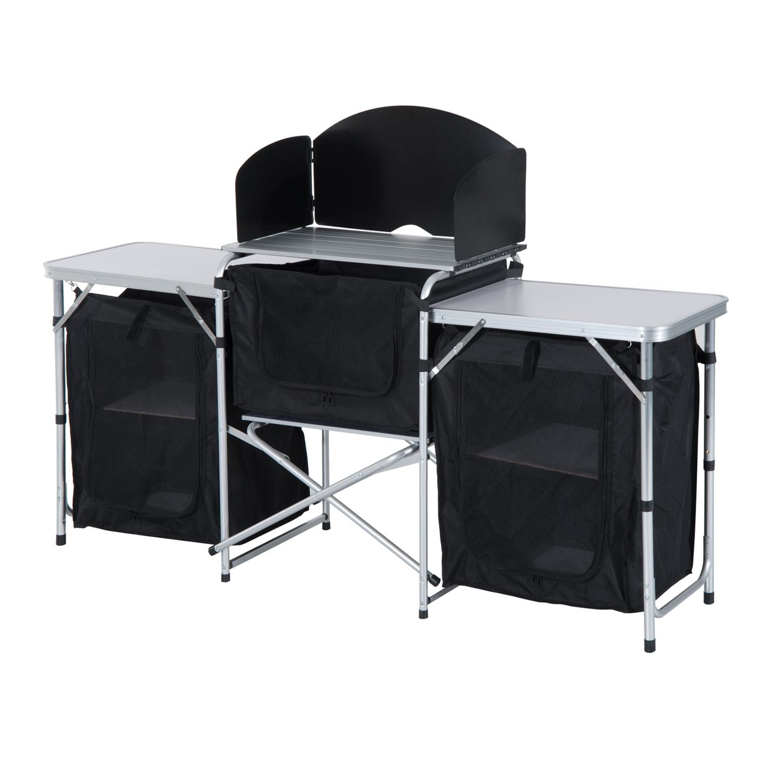 Outsunny Aluminum Portable Camping Kitchen Fold-Up Cooking Table With Windscreen and 3 Enclosed Cupboards for BBQ, Party, Picnics, Backyards Doba