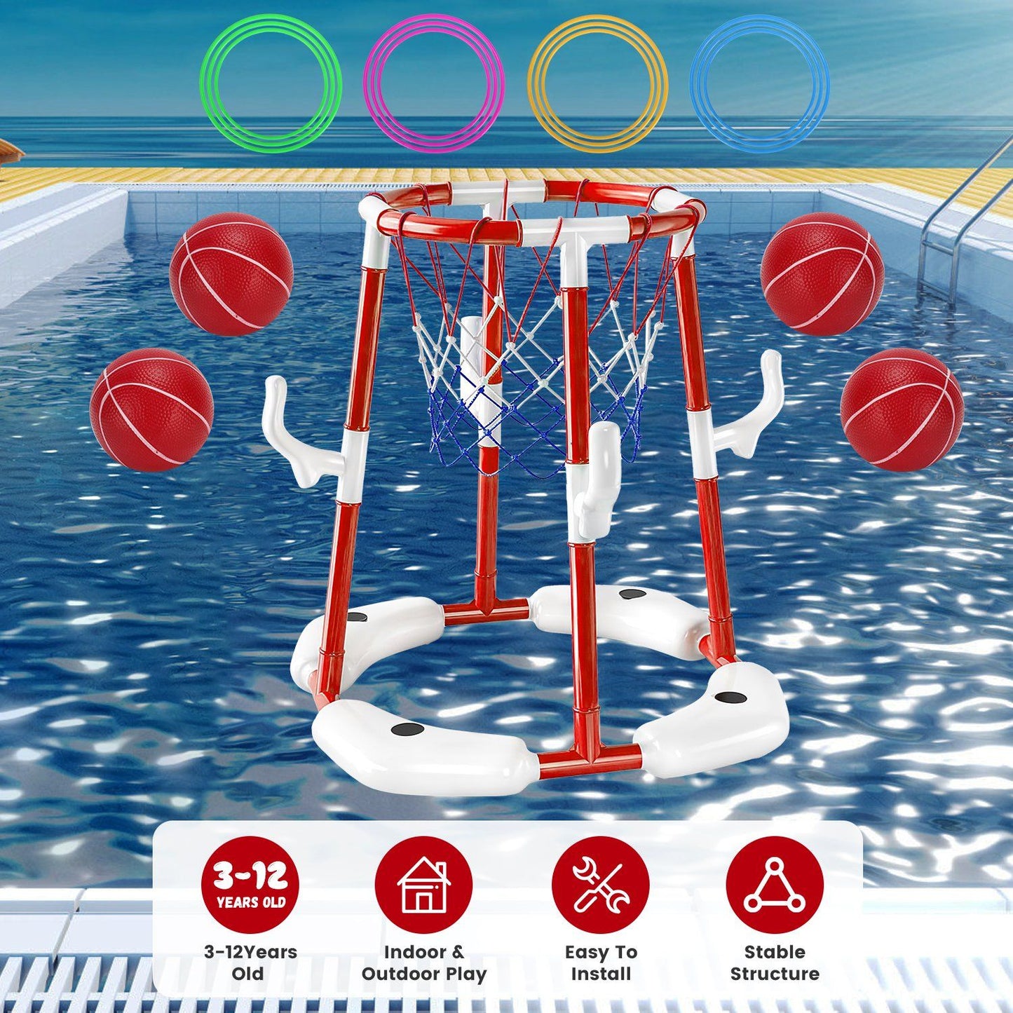 Summer Pool Basketball Hoop Toy Set With 4 Basketballs 4 Circles Pump Floating Swimming Pool Basketball Games Poolside Water Play Toy For 3-12Years Old Kids Adults - Freetyme Store