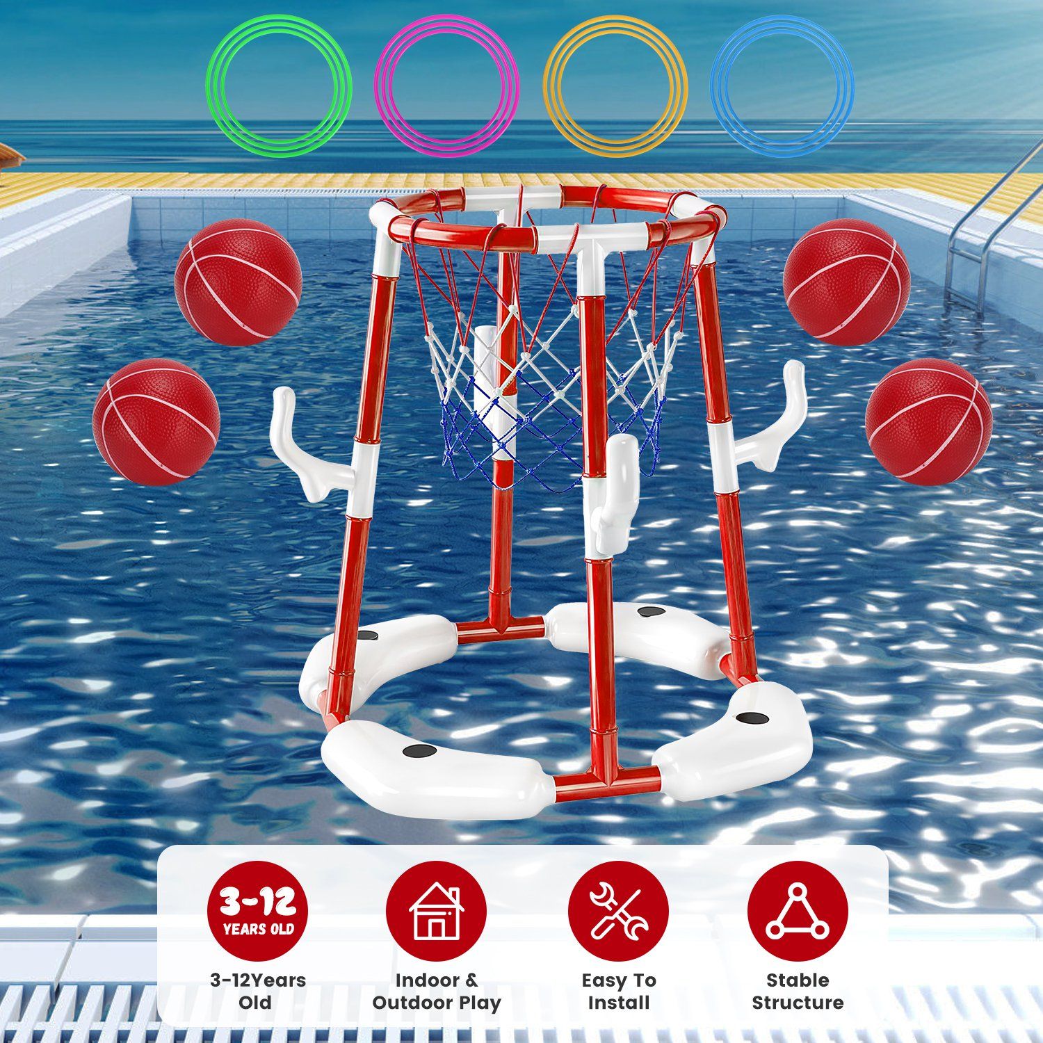 Summer Pool Basketball Hoop Toy Set With 4 Basketballs 4 Circles Pump Floating Swimming Pool Basketball Games Poolside Water Play Toy For 3-12Years Old Kids Adults - Freetyme Store