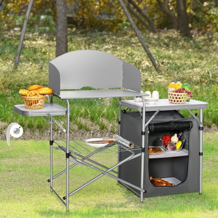 Foldable Outdoor BBQ Portable Grilling Table with Windscreen Bag Doba