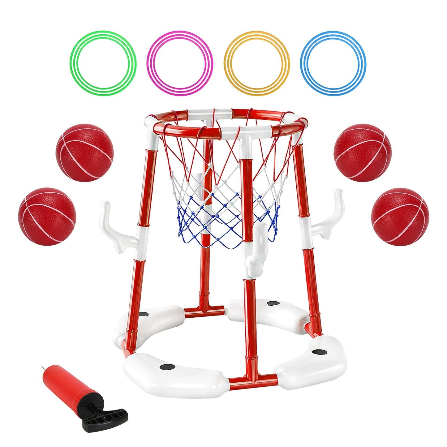 Summer Pool Basketball Hoop Toy Set With 4 Basketballs 4 Circles Pump Floating Swimming Pool Basketball Games Poolside Water Play Toy For 3-12Years Old Kids Adults - Freetyme Store